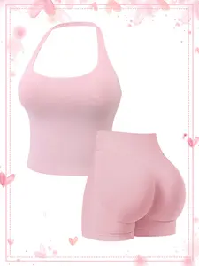 Women's Two-Piece Solid Color Halter Top & High Waist Shorts Sports Set, Sporty Breathable Quick Drying Outfits for Yoga, Gym Workouts and Running, Ladies Sportswear for Summer, Pilates Yoga Wear