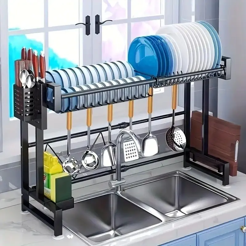 1-pack single-layer double-layer countertop dish storage drain rack retractable kitchen sink storage rack dish rack drain rack black kitchen storage rack