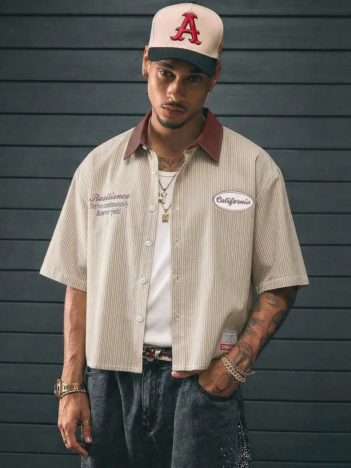 California Retro Striped Shirt, Streetwear Teen Style, Color Block Collar Short Sleeve, Vintage American Fashion, Men's Casual Top, Menswear, Loose Fit