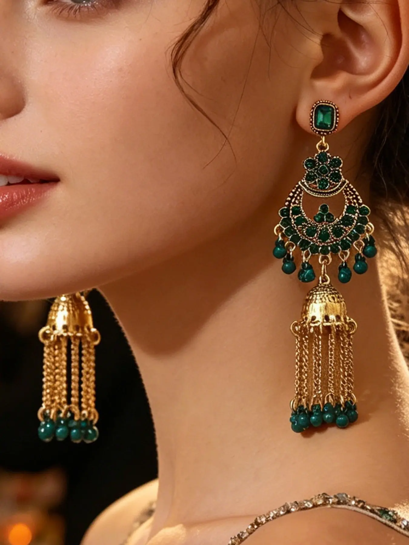 Indian Jhumka Earrings for Women, Vintage Gold Red Crystal Stone Bollywood Drop Earrings, Long Tassel Chain Bohemian Tribal Gypsy Festival Statement Jewelry Pack (1 Pair)