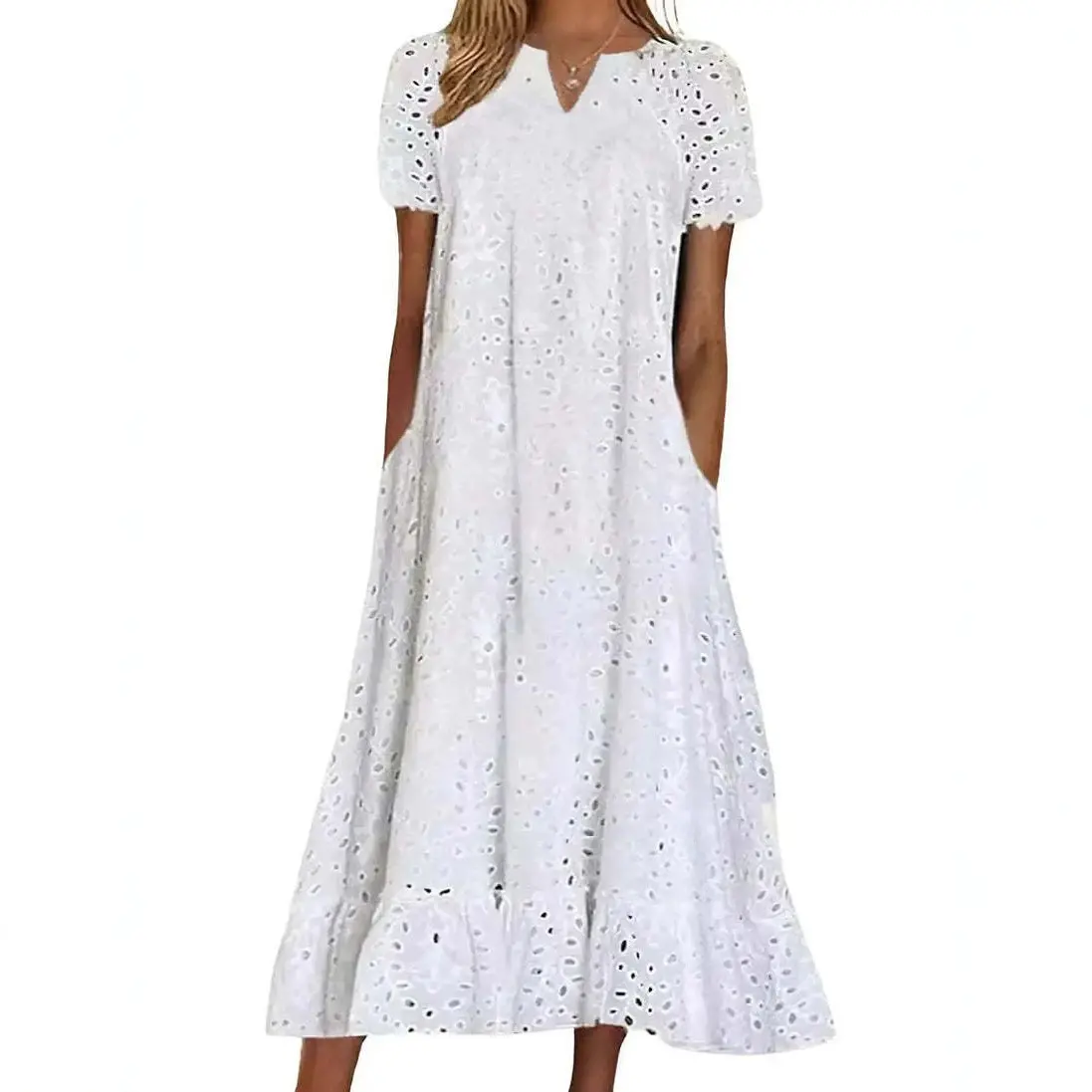 Popular V-neck short-sleeve hollow-out long women's dress