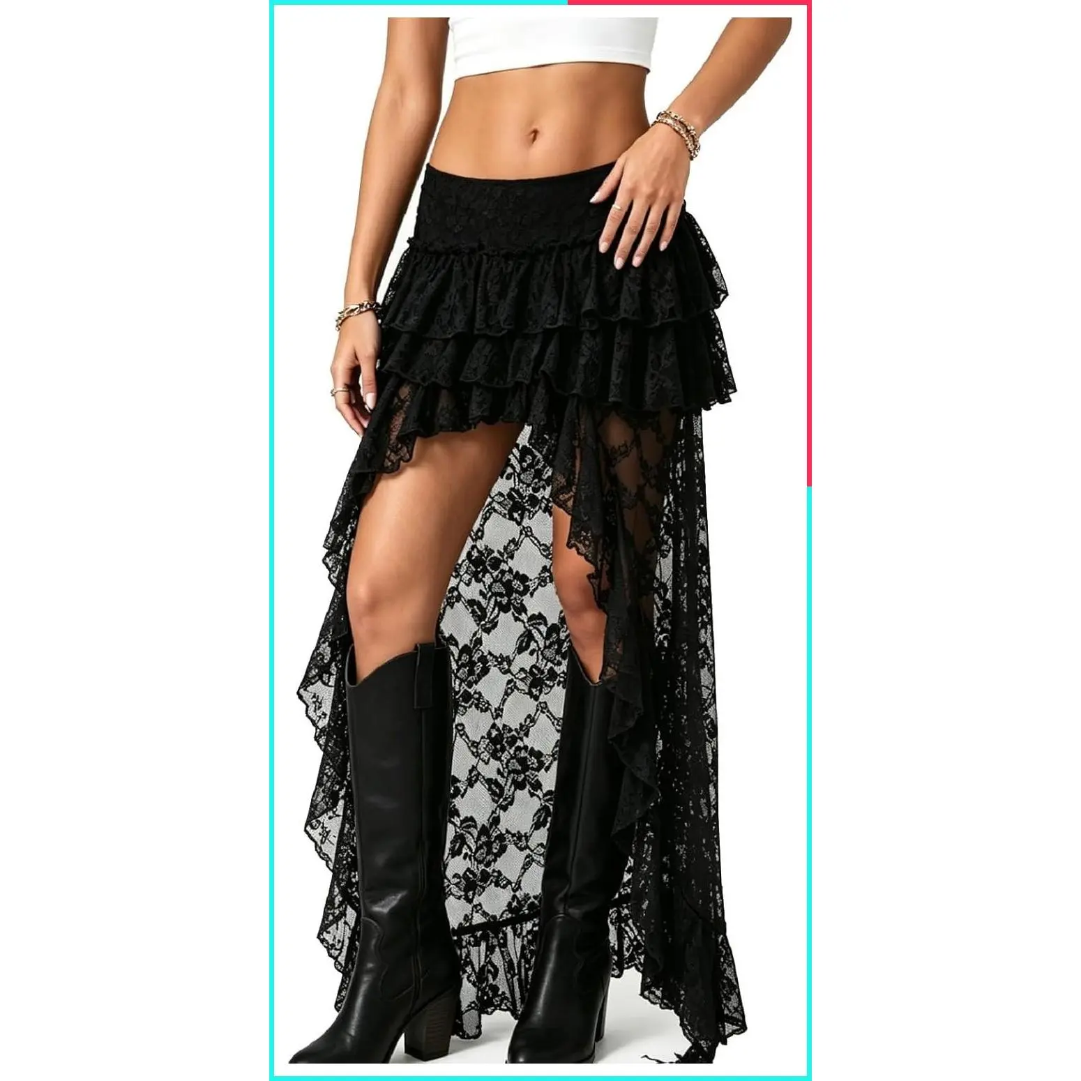 Women’s Boho Lace Long Layered Ruffle Y2K Sheer Mesh Maxi Skirt Chiffon High-Low Asymmetrical Flowy Going Out Party Vacation