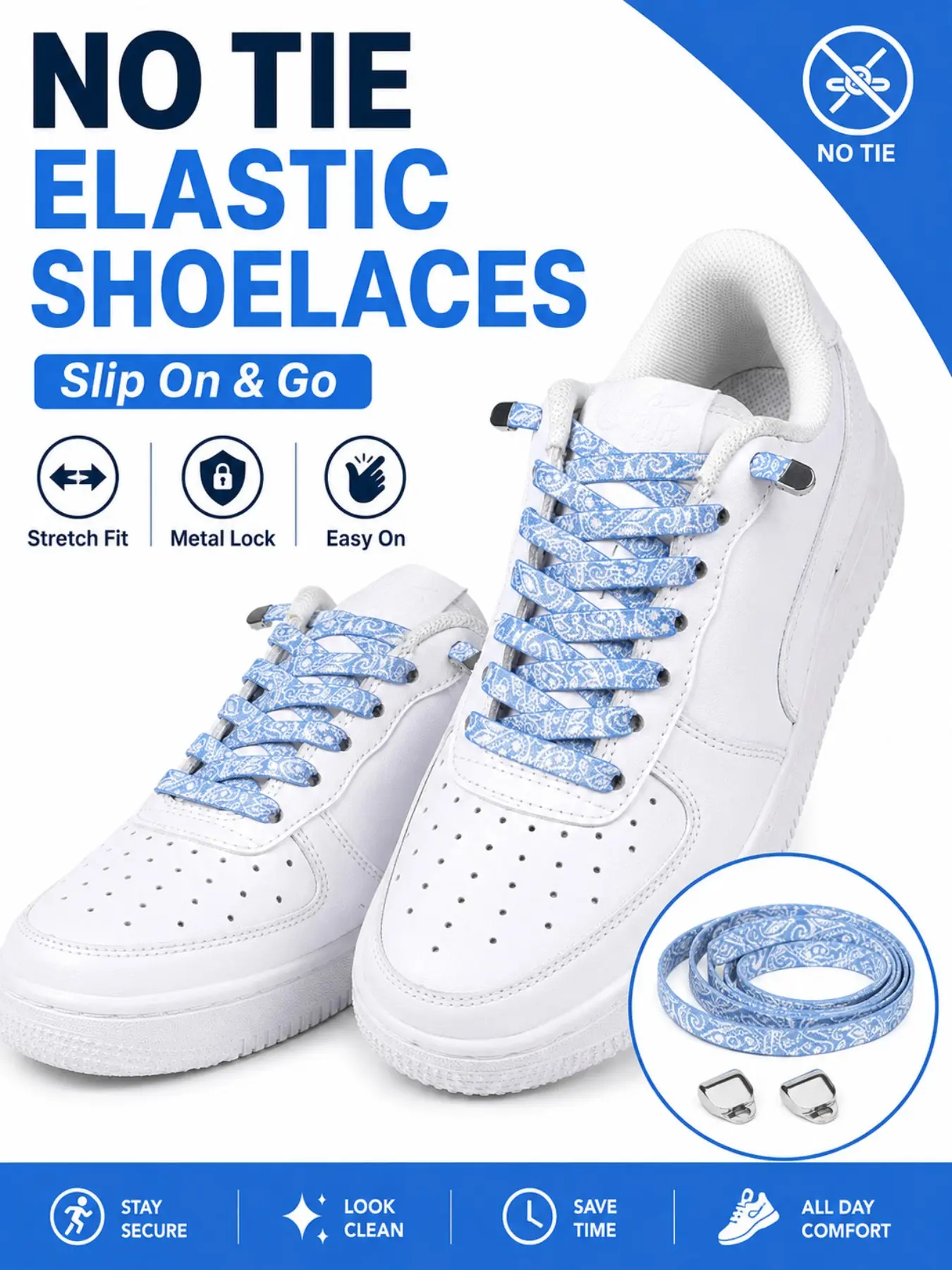 No Tie Elastic Shoelaces with Metal Lock, 2 Pairs/4 Pairs Paisley Stretch Laces for Sneakers, Quick Install Slip on Laces