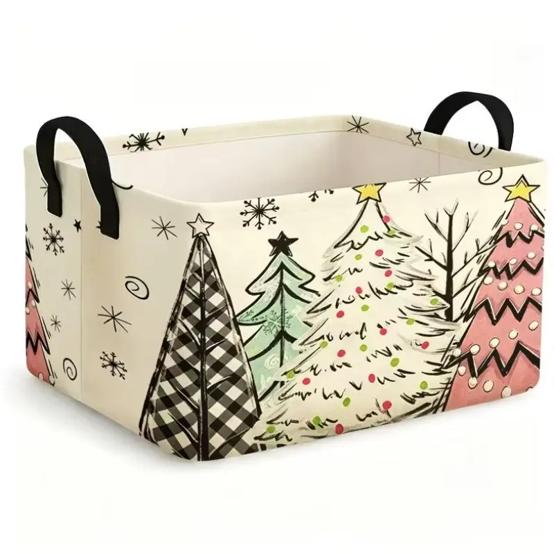 1pc, Open Storage Bins Christmas Tree Print Storage Baskets, Pink Green Black Plaid Xmas Trees Snowflakes Cute Hand Drawn Pattern Collapsible Shelf Baskets Storage Boxes with Handles for Bedroom Bathroom Holiday Home Organization