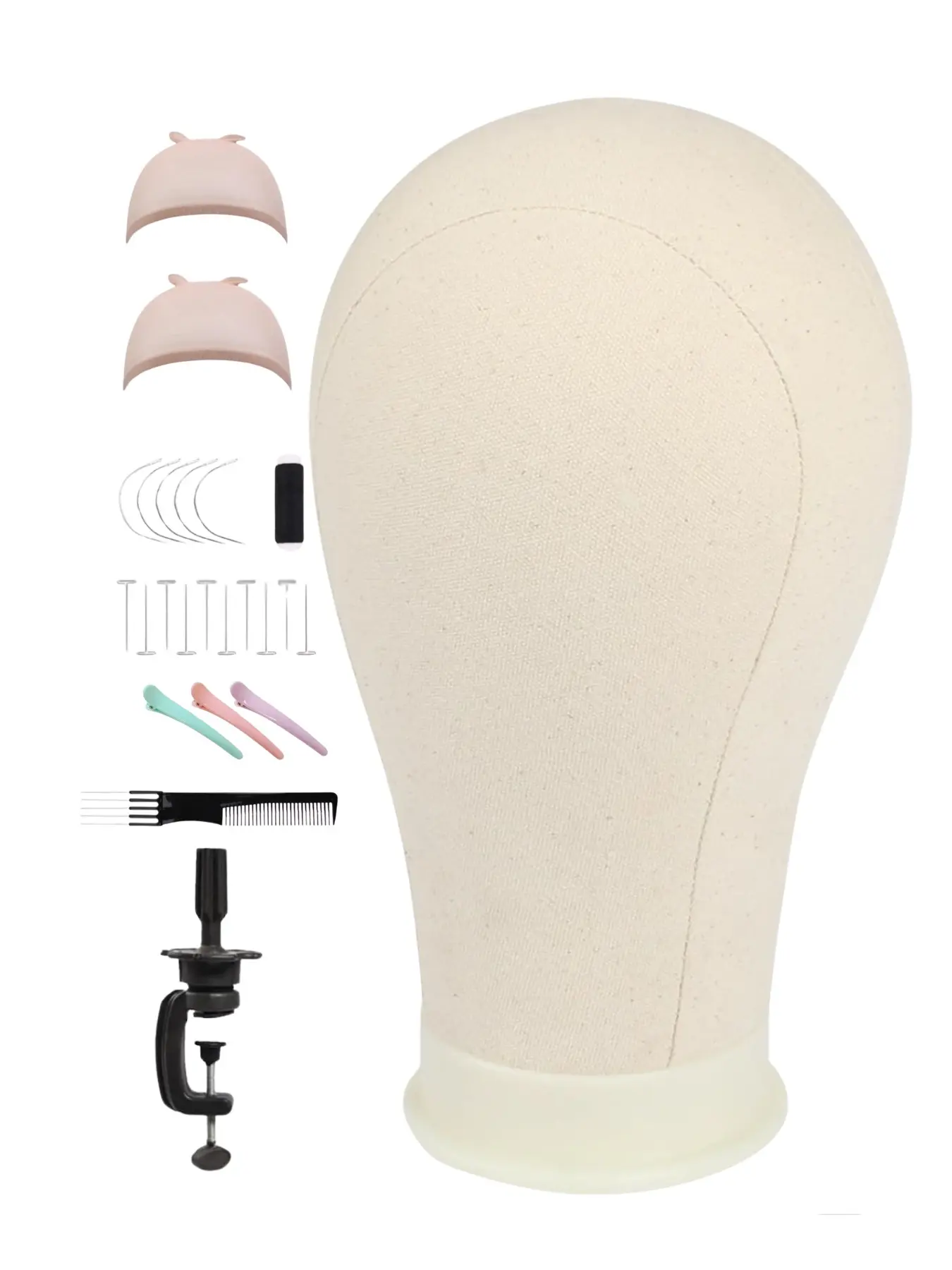 Canvas Mannequin Head for Wig Making, Washable Fabric Practice Doll Head with Clamp Stand and Hair Styling Accessories, Professional Hairdressing Training Model for Braiding, Wig Display, Sewing, Styling Practice, Cosmetology Students, Salon Professionals