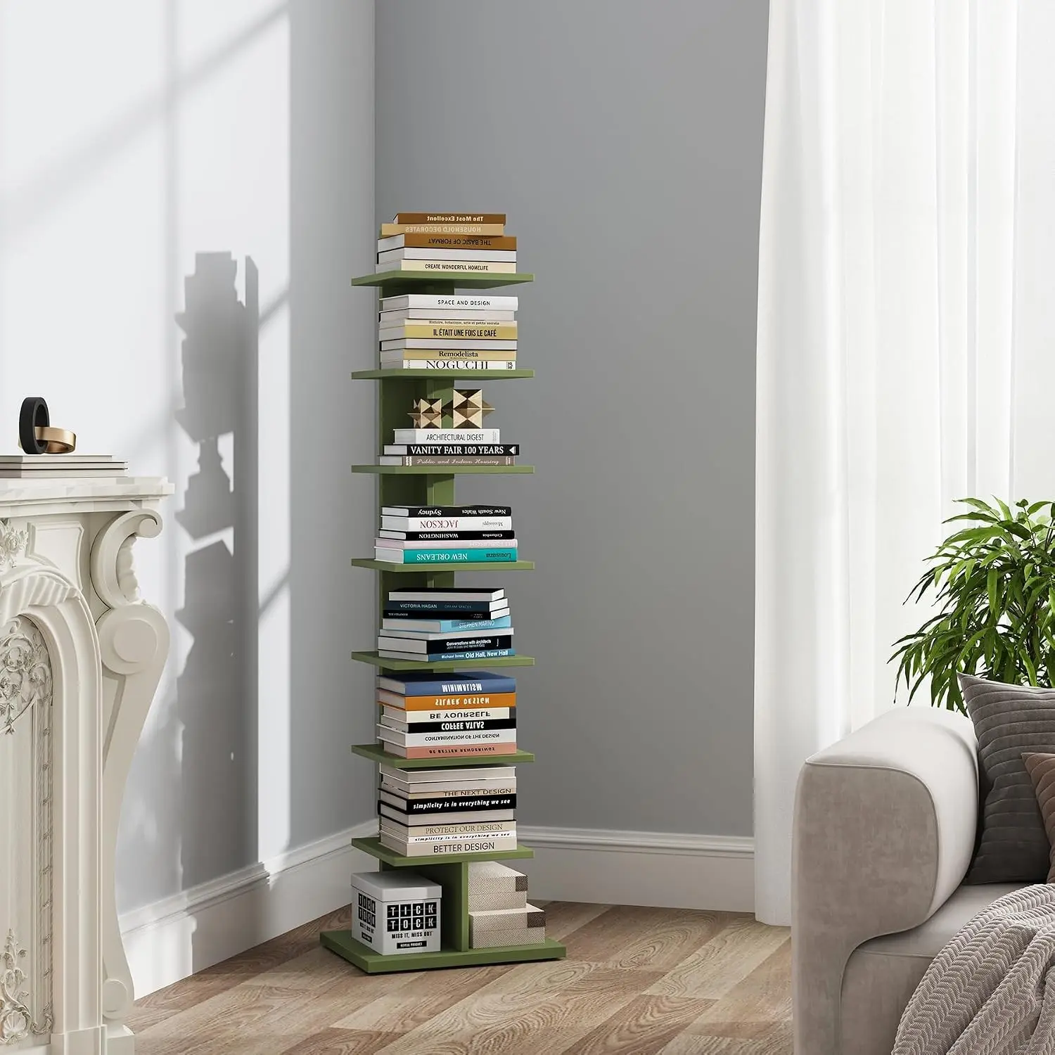 Bookshelf, 8-Tier Bookcase, Narrow Spine Book Shelf for Small Space, Corner Standing Shelf for Living Room, Office, Study, Entryway, Olive Green BS06BOG008