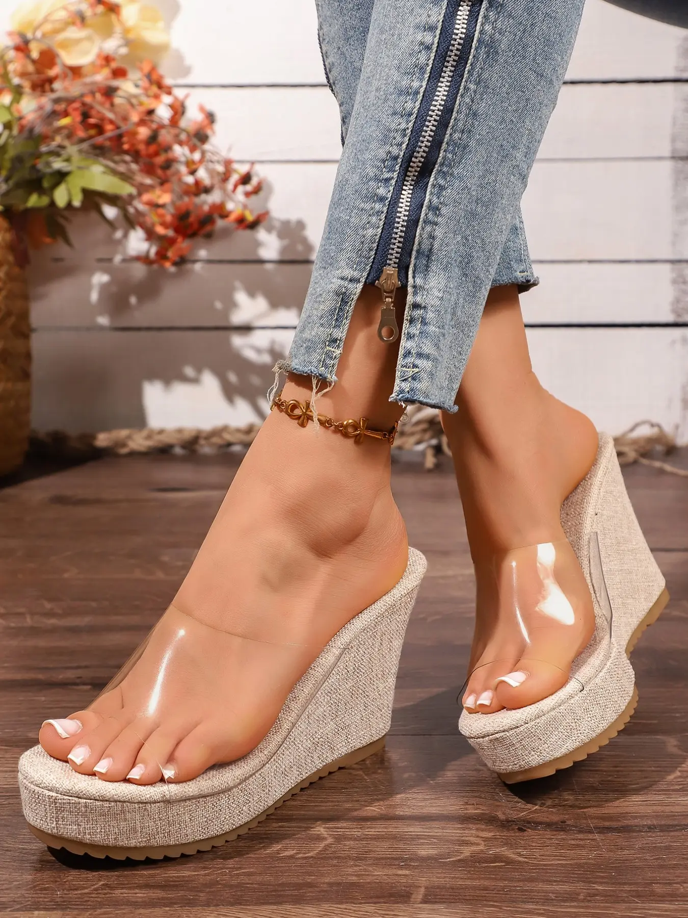 Women's Transparent Strap Wedge Sandals, Square Toe Open-Toe Thick Sole Mules, Linen Texture Slip-On High Heel Fashion Shoes, Perfect for Summer Vacation