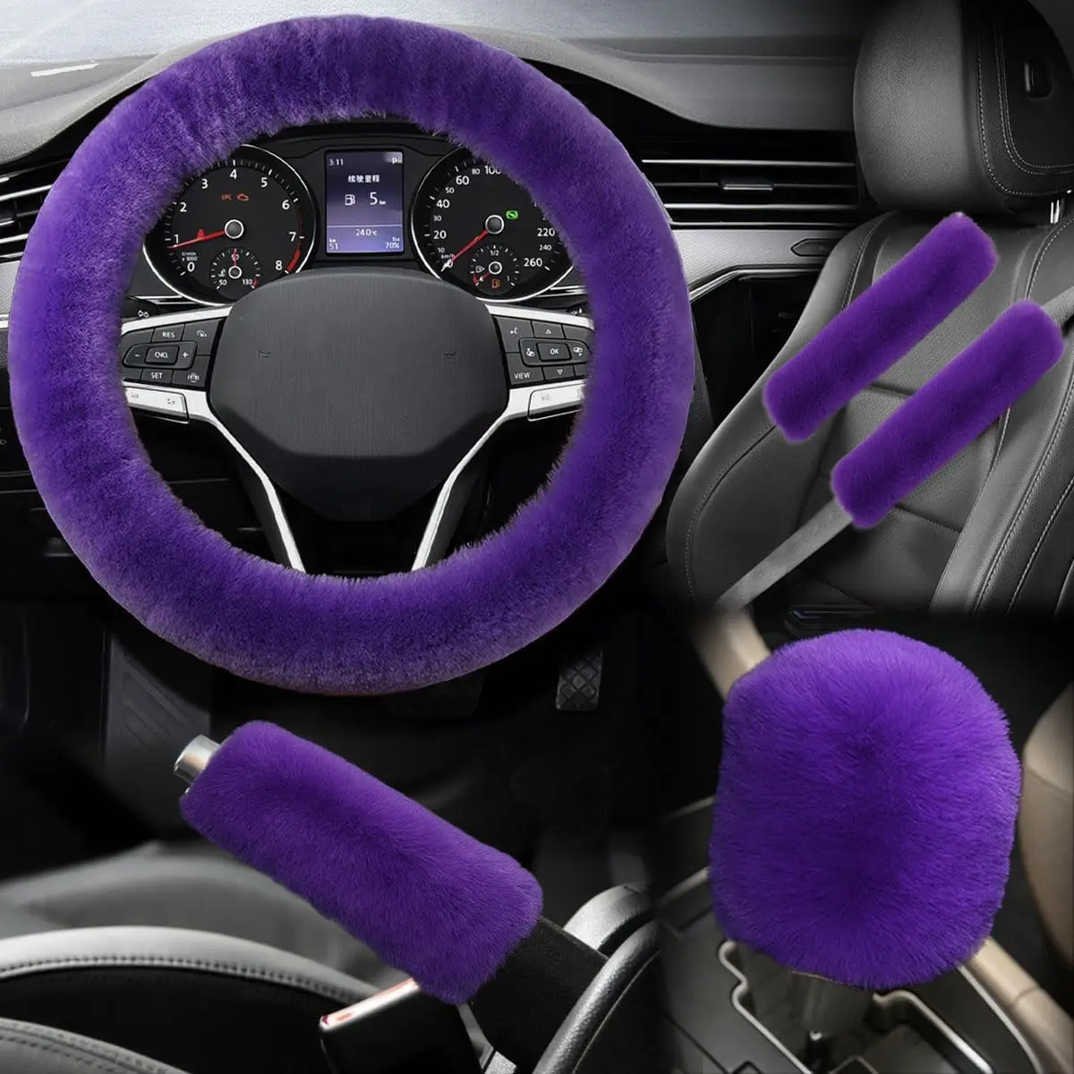 5 count   Steering Wheel Cover Set, Includes Faux  Gear Shift Cover & Handbrake Cover & Steering Wheel Protector & 2 Seat Belt  Pads, Winter Fuzzy Warm  Accessories (Violet)