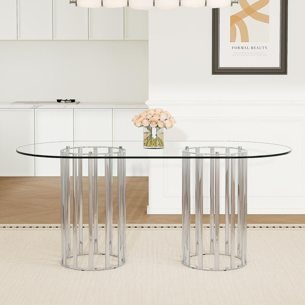 71 inch oval tempered glass dining table,black double column light luxury style,tempered glass scratch resistant and easy to clean.Suitable for 6-8 people dining, modern light luxury restaurant table. 71 inch oval tempered glass dining table,black double column light luxury style,tempered glass scratch resistant and easy to clean.Suitable for 6-8 people dining, modern light luxury restaurant table.