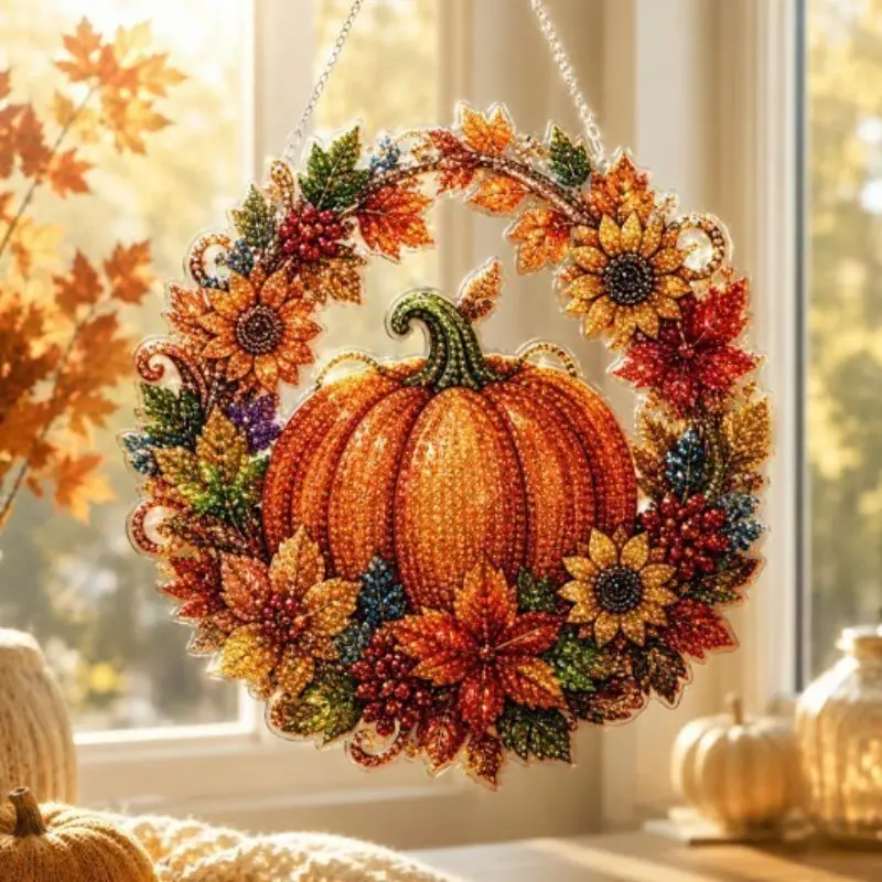 Pumpkin Diamond Art Hanging Ornament Kit, Autumn Pumpkin Wreath, Perfect for Harvest Festival, Halloween Decoration