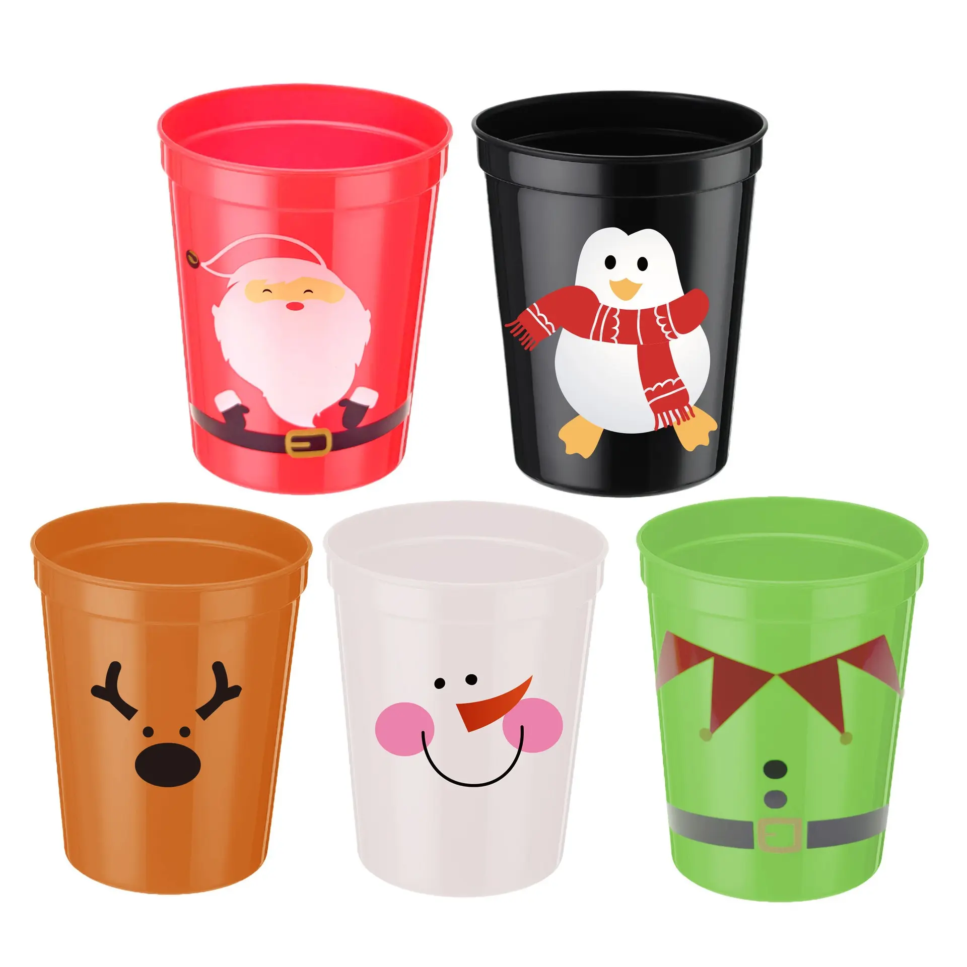 16oz Plastic Christmas Party Cups, Reusable Thickened Santa Elf Snowman Penguin Reindeer Drinking Cups, Disposable Holiday Coffee Mugs