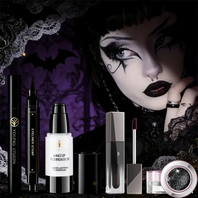 4in1 Goth Halloween Makeup Set White Full Coverage Foundation Wing Stamp Eyeliner Black Lip Gloss Glitter Eyeshadow Powder Vampire Dark Lip Gloss Glitter Powder for Vampire Doll Alt Party Looks Alt Cosplay Stage SFX Makeup Kit