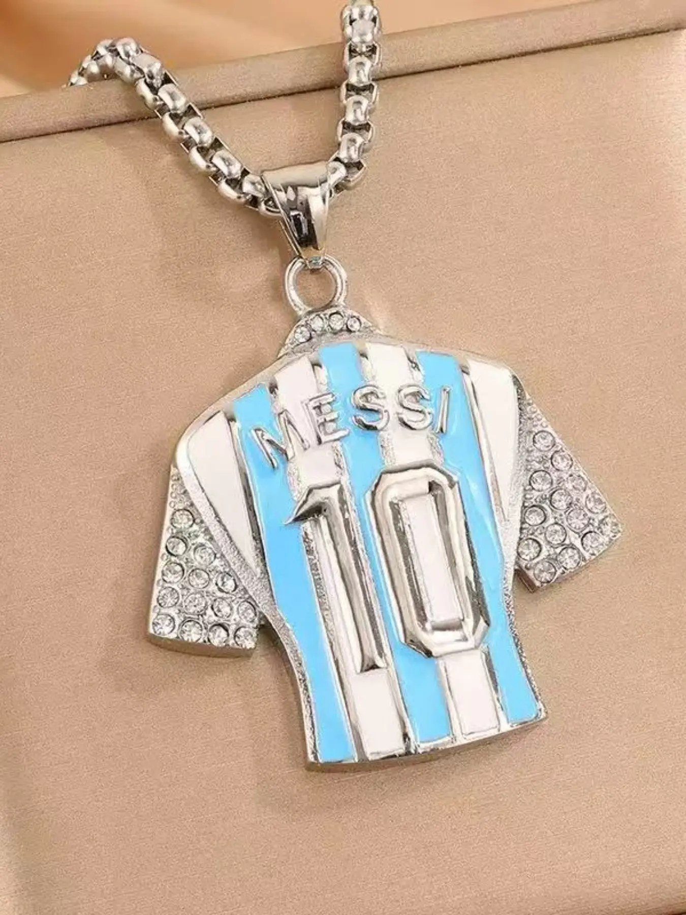 Messi Soccer Jersey Stainless Steel Necklace, Gift Necklace, Luxury Full Diamond Pendant, Fashionable Sports Style, Unisex, Perfect for Events, Bling Pendant