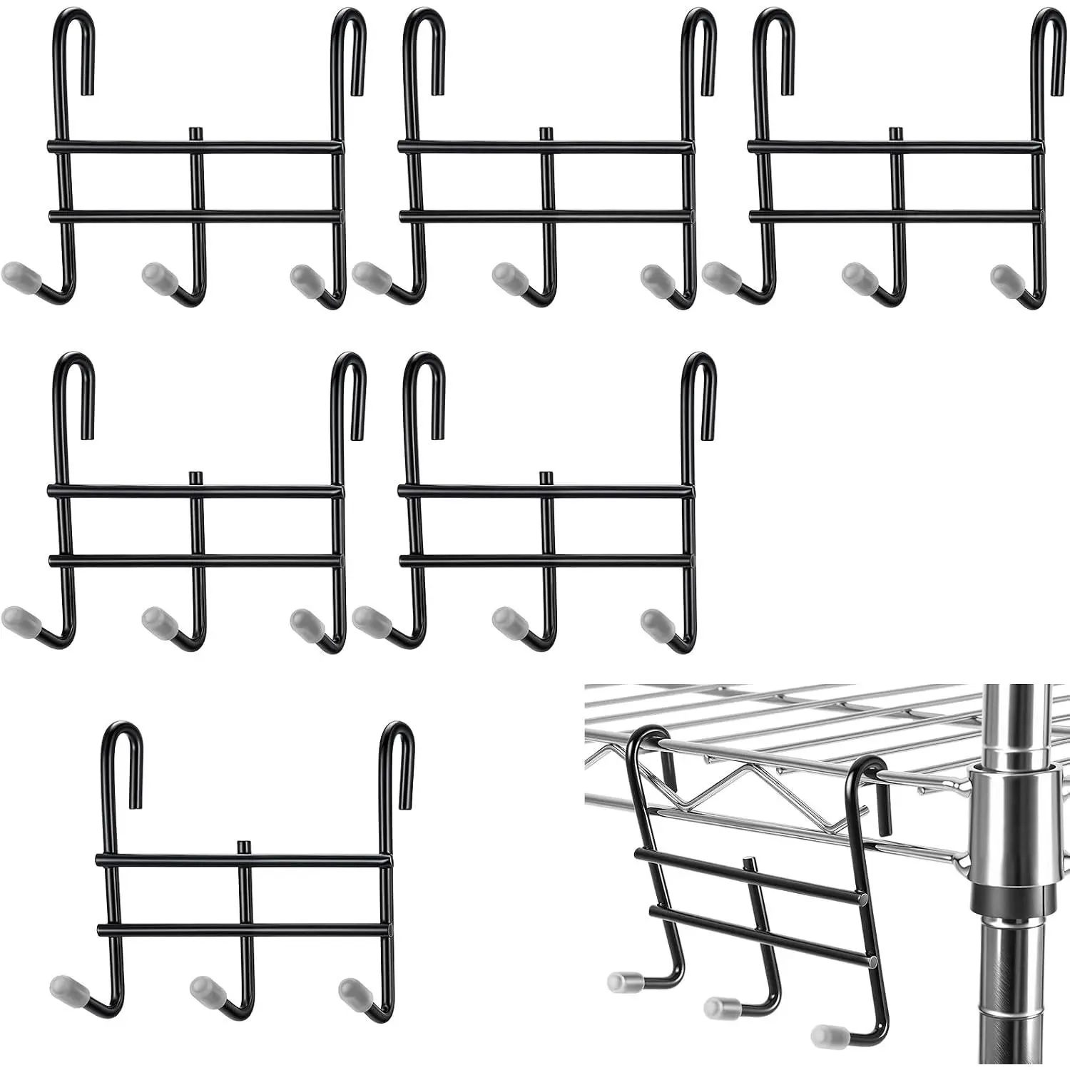 6 Pack 3 Hook Attachment for Wire Shelving 3.75" l x 1.625" d x 3.25" h Wire Shelving Hooks Accessories Steel  Rack Metal for Storage Organizer(Black)