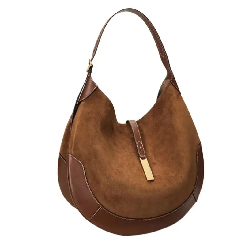 Women's Suede Crescent Bag Equestrian Style Underarm Tote Dumpling Handbag Chic Shoulder Purse