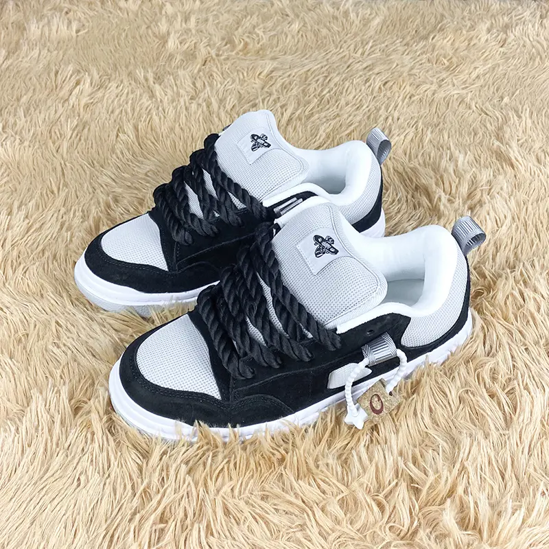 Black White Suede Mesh Panel Skate Sneakers for Men Women, Thick Twisted Rope Laces Decorative Tag Platform Street Shoes, Retro Hip Hop Y2K Casual Walking Footwear