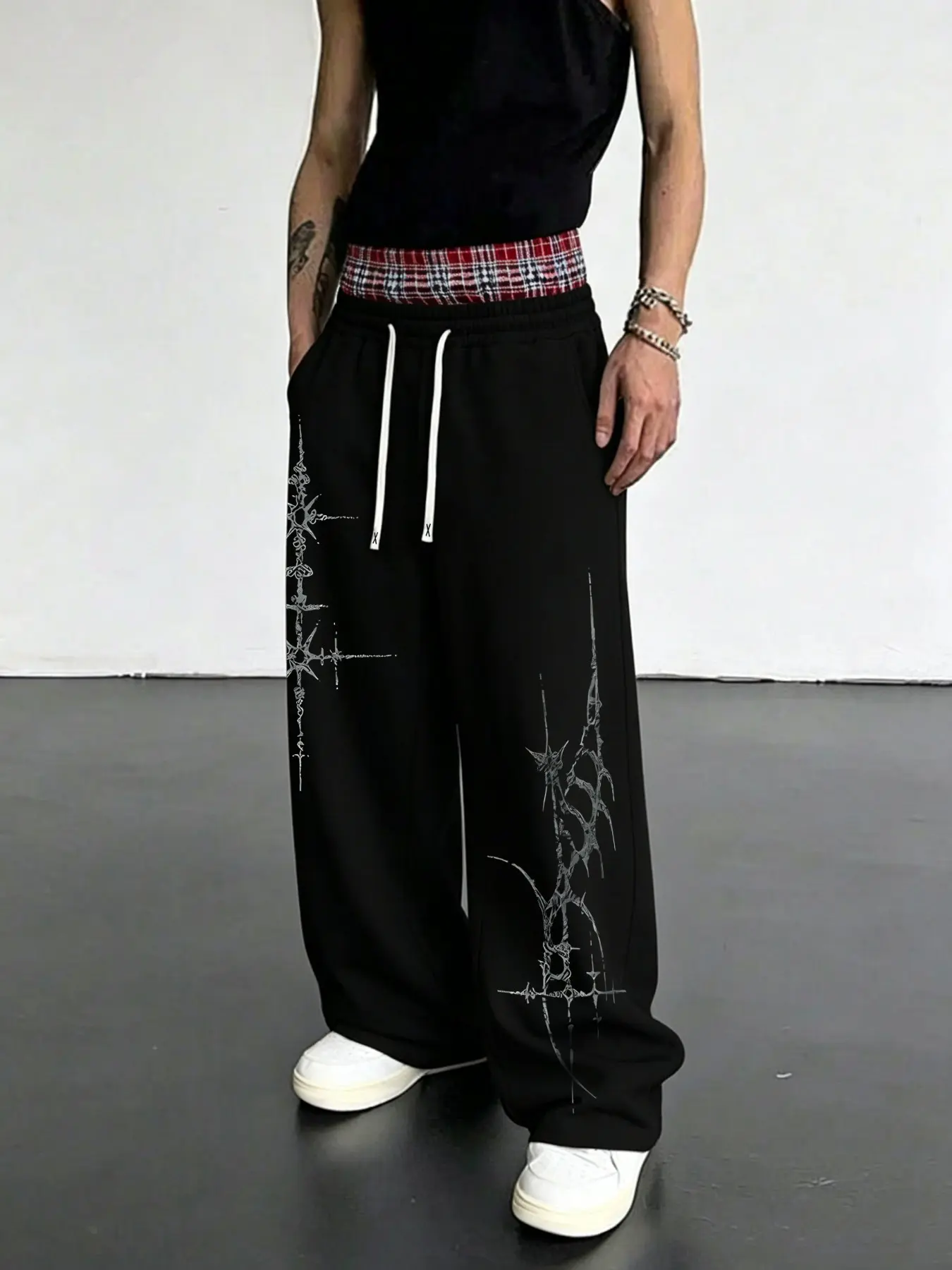 Men's Layered Waistband Fake Two-Piece Sweatpants, Gothic Cross Print, Loose-Fit, Casual, All-Seasons, Trendy Long Pants