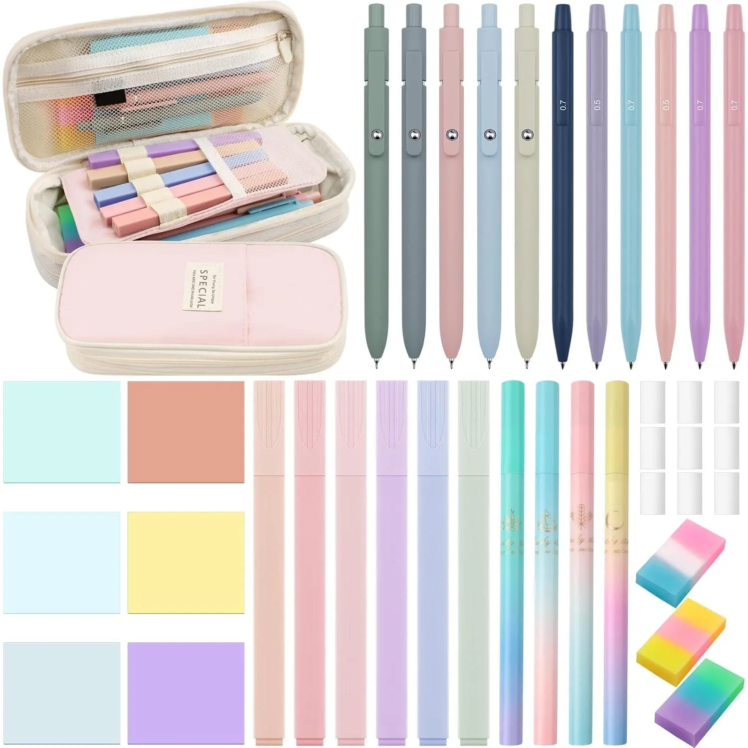 40 count Aesthetic School Supplies Includes Big Capacity Pencil Case Pastel Highlighter Quick Dry Ink Pen Mechanical Pencil Pencil Refill Clear Sticky Note 3 Erasers 9 Eraser Refills (Blue)