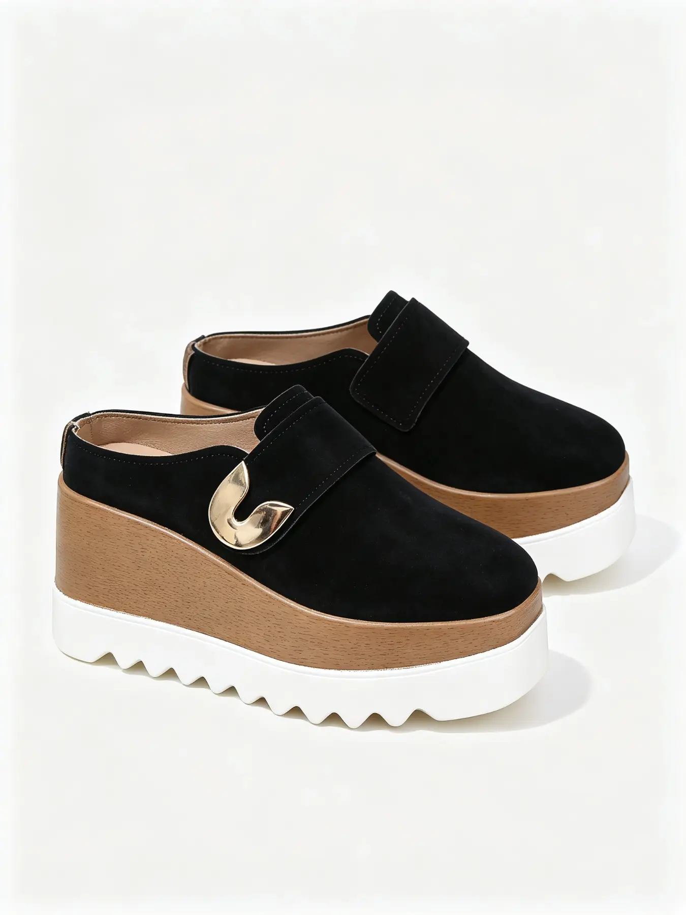 Fashion Backless Wedge Heeled Mules, Women's Slip-On Square Toe Sandals, Retro Metal Buckle Comfortable Height-Boosting Slippers, Wedge Platform Mules