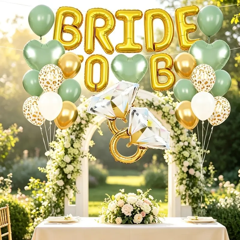 31Pcs Sage Green Wedding Bridal Shower Balloon Decor Set, Gold BRIDE TO BE, Big Diamond Ring & Heart Foil Balloons, White Gold Confetti Latex Balloons, Party Supplies for Proposal, Engagement, Bedroom Decor, Family Gathering, Indoor Outdoor Photography
