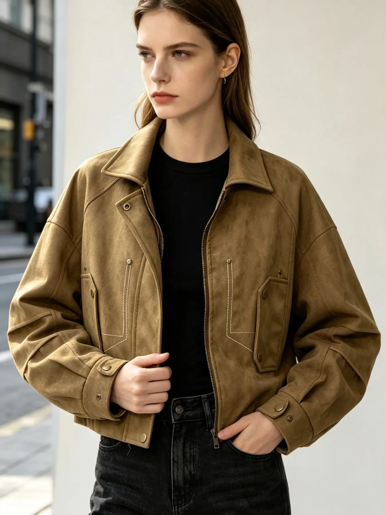 Vintage Suede Stand Collar Short Jacket Women, High-End Workwear Style, Metal Buttons, Loose Fit, Fall Outerwear, Medium Length, Long Sleeve, Shacket Outerwear