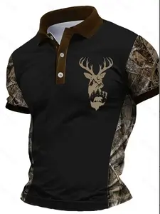 Men's Comfortable Breathable High-Quality 3D Digital Print Antler Polo Shirt, Casual Slim-Fitting Short Sleeve T-Shirt