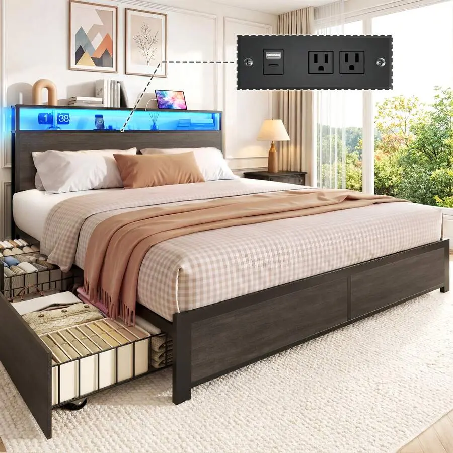 Queen Bed Frame With Headboard Charging Station Storage Drawer, Metal Support
