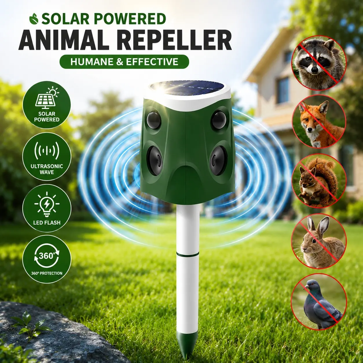 Multifunctional Bird Repeller, Animal Repellent, Electronic Pest Repellent with LED Flashing Alarm Ultrasonic Sound, Solar and USB Charging, Outdoor Use for Farm Garden Rice Fields, Squirrel Repellent Outdoor, Rechargeable Repeller
