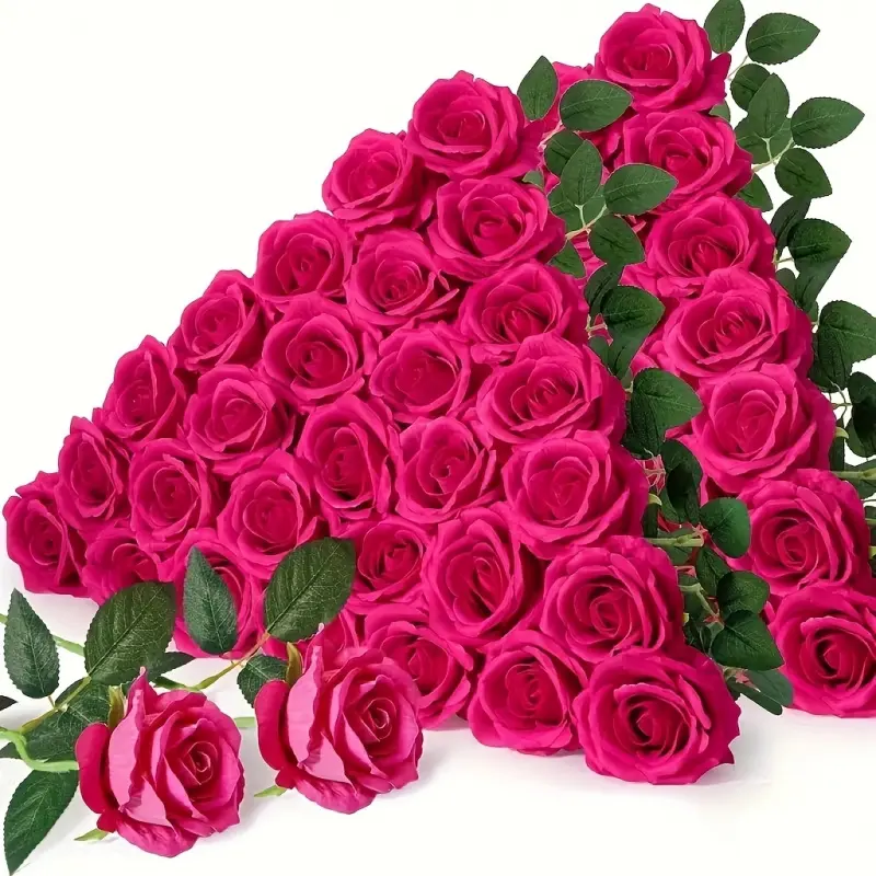 Artificial Roses - Decorative Artificial Flowers, Realistic Long Stem Bouquet, Bright Fuchsia Pink Bouquet, Home and Hotel Decoration, Parties, Office - Durable Floral Arrangement, Valentine's Day, Mother's Day, Housewarming Gift Bouquet Accessories.