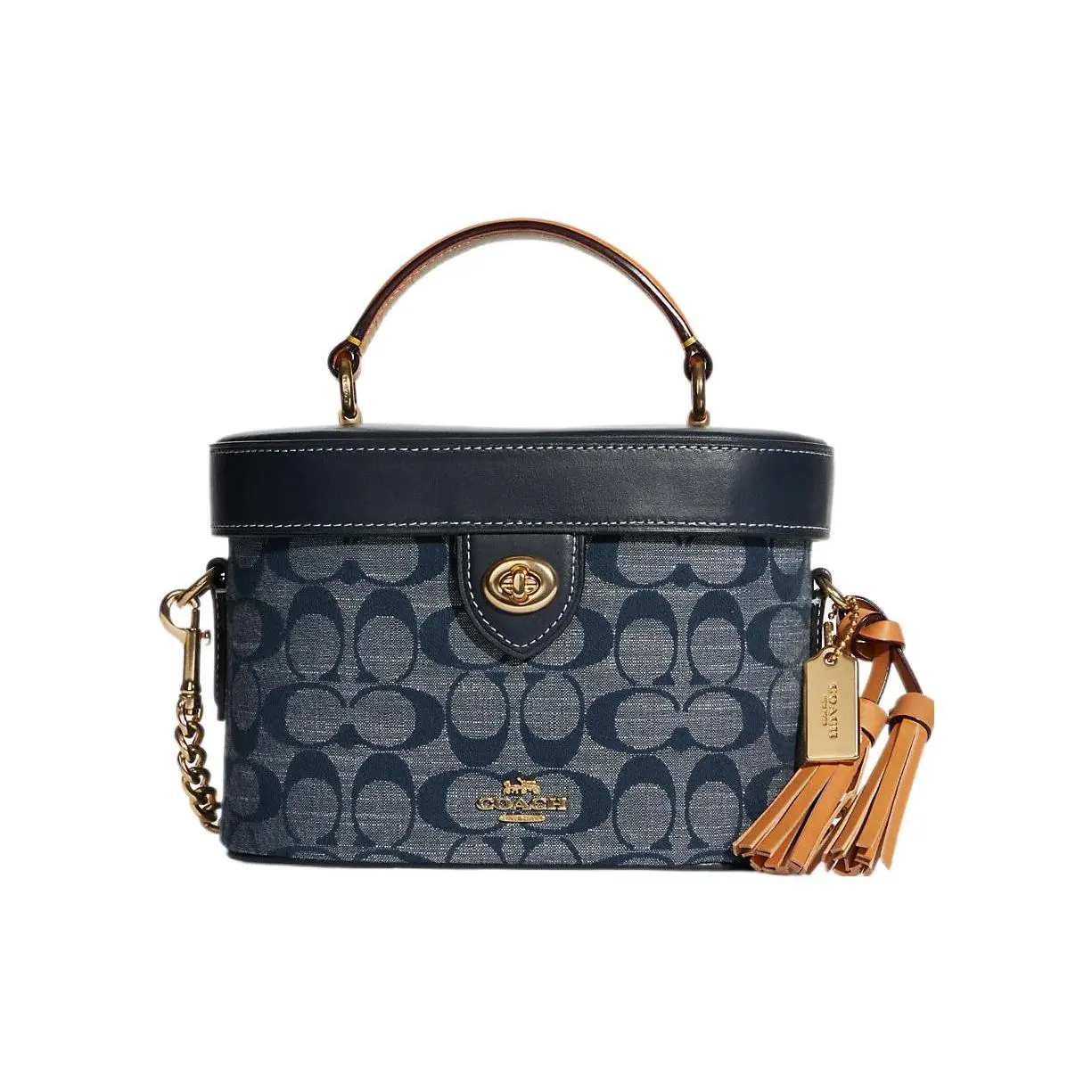 COACH Kay 20 Classic Chambray Monogram Toggle-Flap Tassel Box Bag – Women’s Denim Blue Fabric and Leather Crossbody Handbag