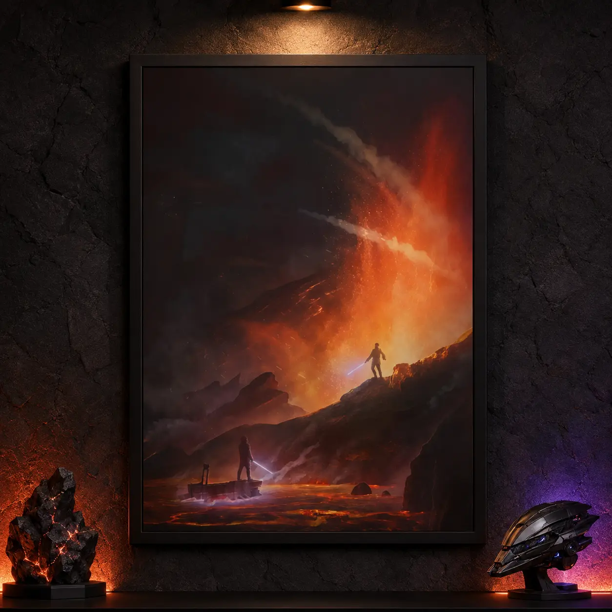 Obi-Wan vs Anakin Mustafar Canvas Wall Art, Epic Lightsaber Duel Poster, Lava Planet Sci-Fi Movie Decor for Bedroom, Gaming Room and Man Cave, Framed Canvas Print