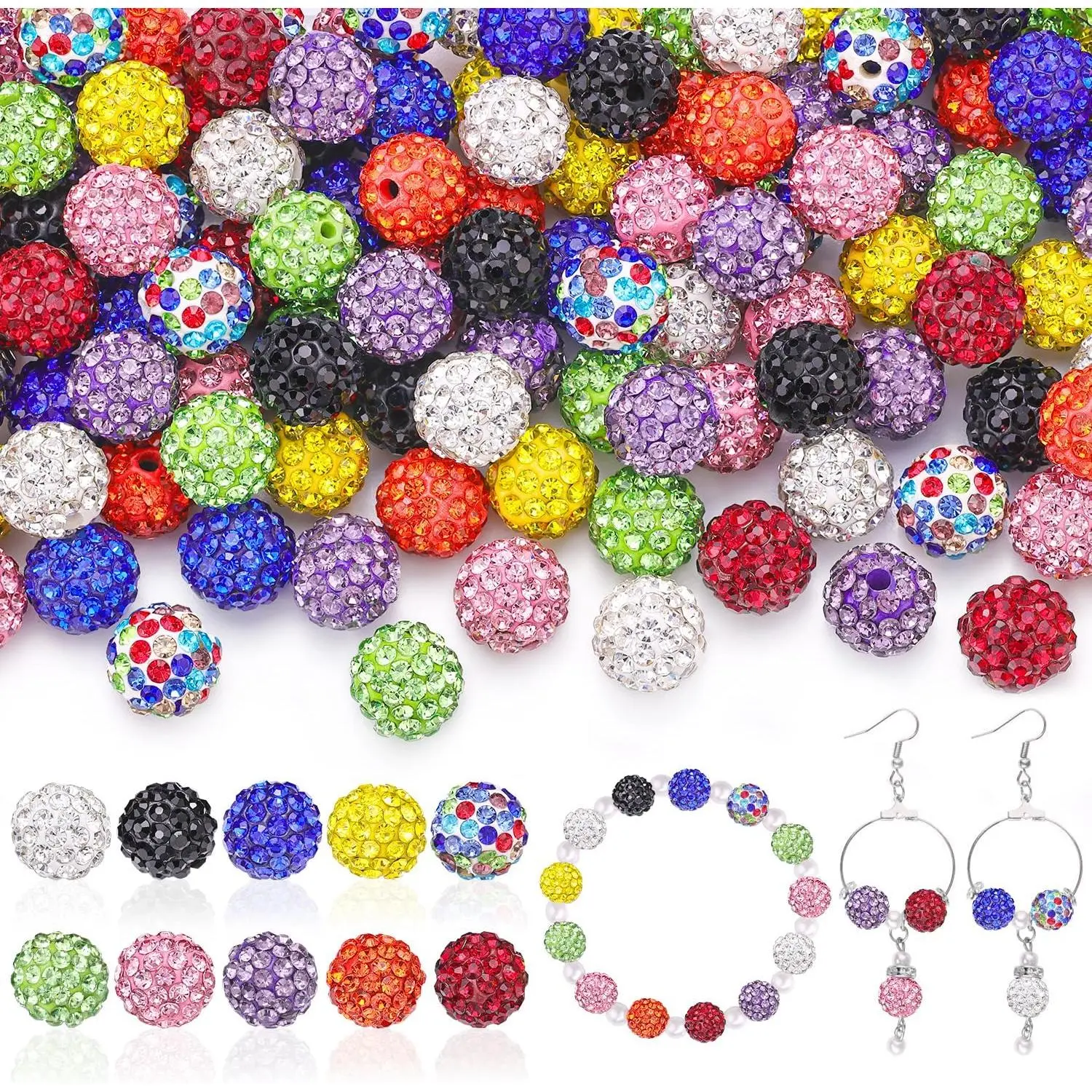 100 Pcs 10mm Shiny Round Rhinestone Beads, 10 Mixed Colors Shamballa Disco Beads for Jewelry Craft, Polymer Clay Bracelet DIY Supplies for DIY Users (Office & Art Stationery, Art Supplies)