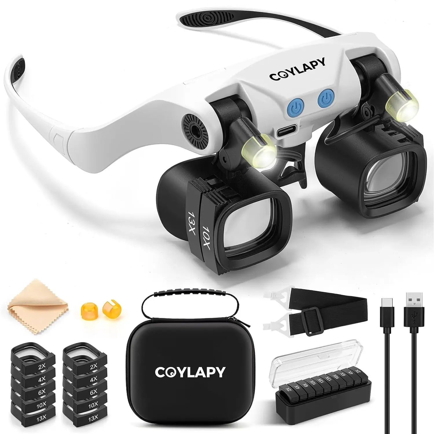 Headband Loupe Magnifier with Light - Multiple Lenses, 5 Interchangeable Lens Pairs (2X, 4X, 6X, 10X, 13X), Universal Fit for Watch Repair, Crafts, Storage Case Included (Home & Party Supply Gift Option), Accessories