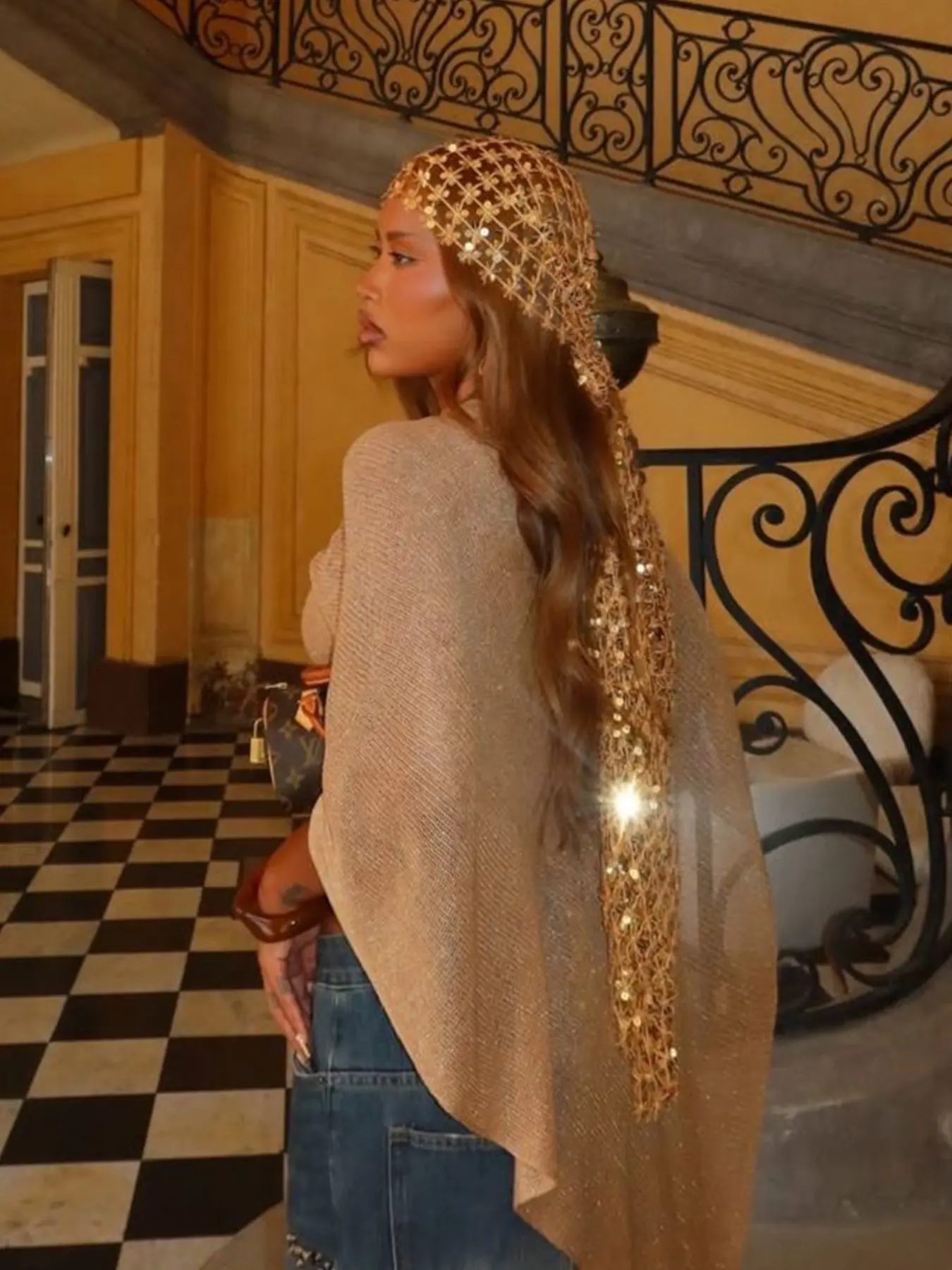 1 PC Women's Sparkling Sequin Scarf, Bohemian Mesh Long Shawl, Solid Color Fringe Scarf, Fashion Elegant Accessory