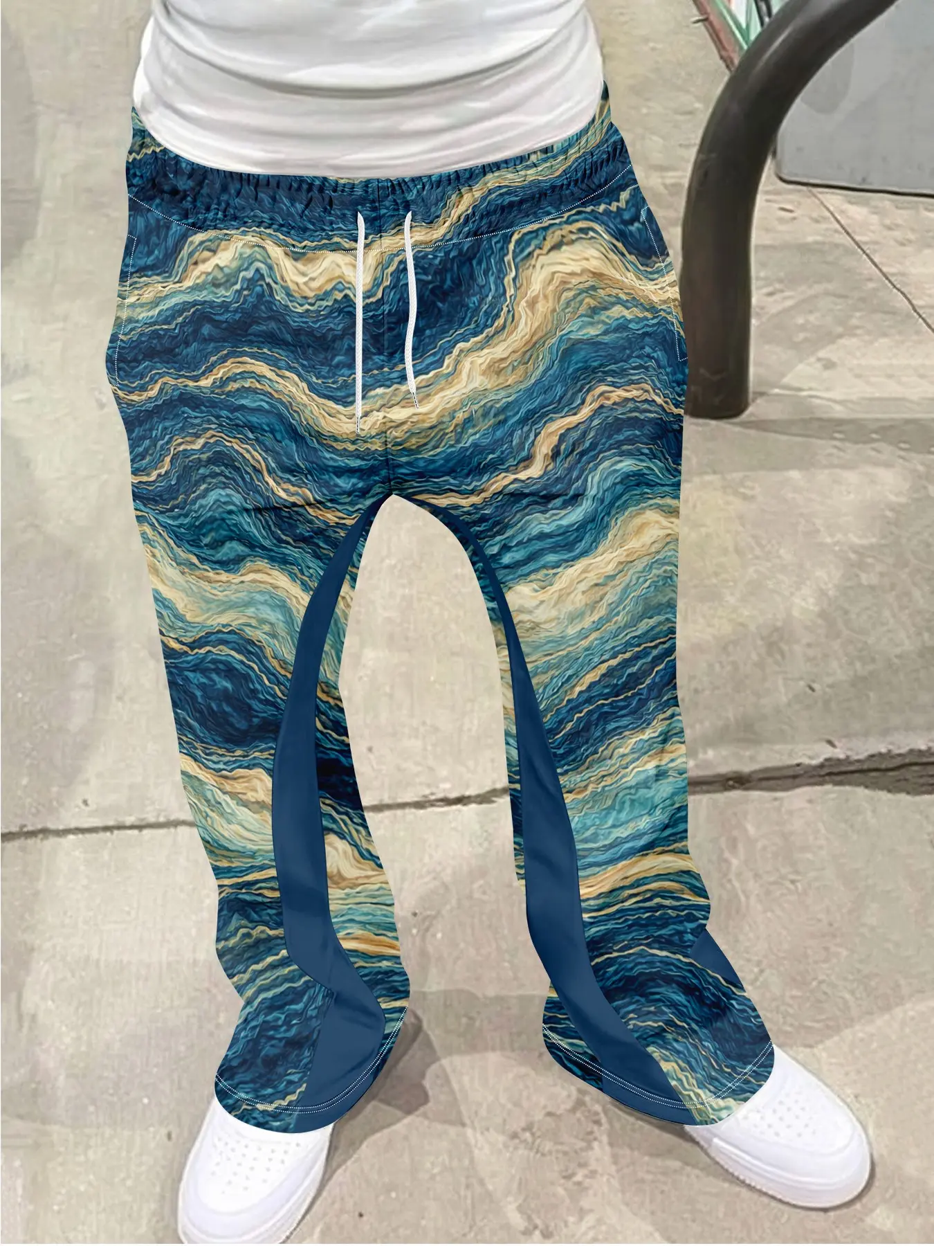 Men's Vintage Flared Trousers, Gradient Marble Swirl Abstract Print, Casual Loose Drawstring Waist, Luxurious Wide Leg Long Pants