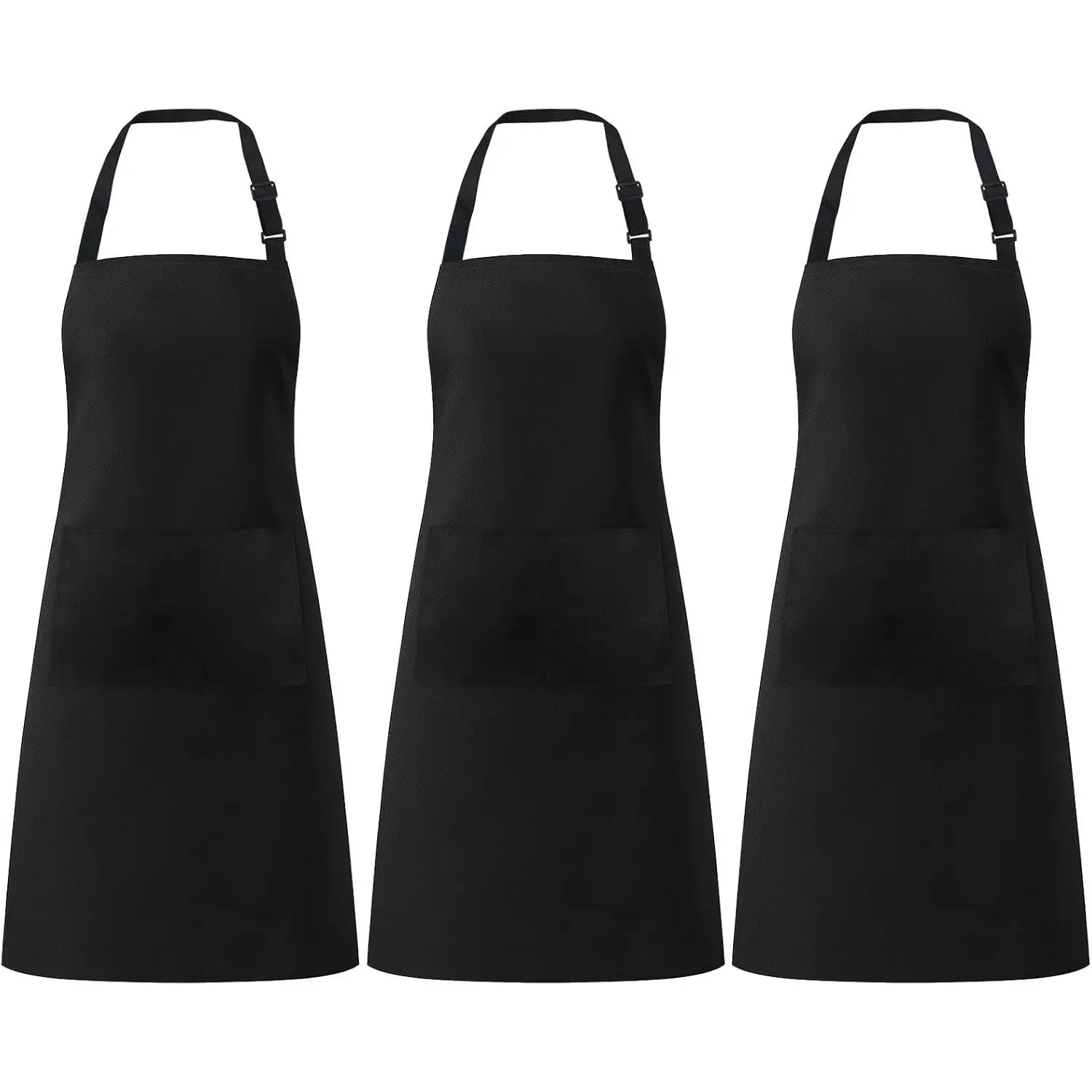 Unisex 3-Pack Reusable Waterproof Polyester Black Bib Aprons with Pockets, Adjustable Strap Closure, Washable for Kitchen Cooking Aprons, Bakers, Reusable Waterproof Apron