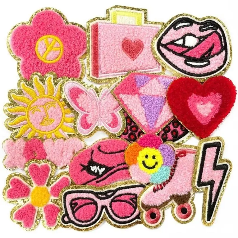 Pink World Series Cross Stitch Patches,15pcs Hot Glue Stickers, DlY Embroidery Supplies, Embroidery Accessories For Clothes,Back pack,Shoes,Home Decorations