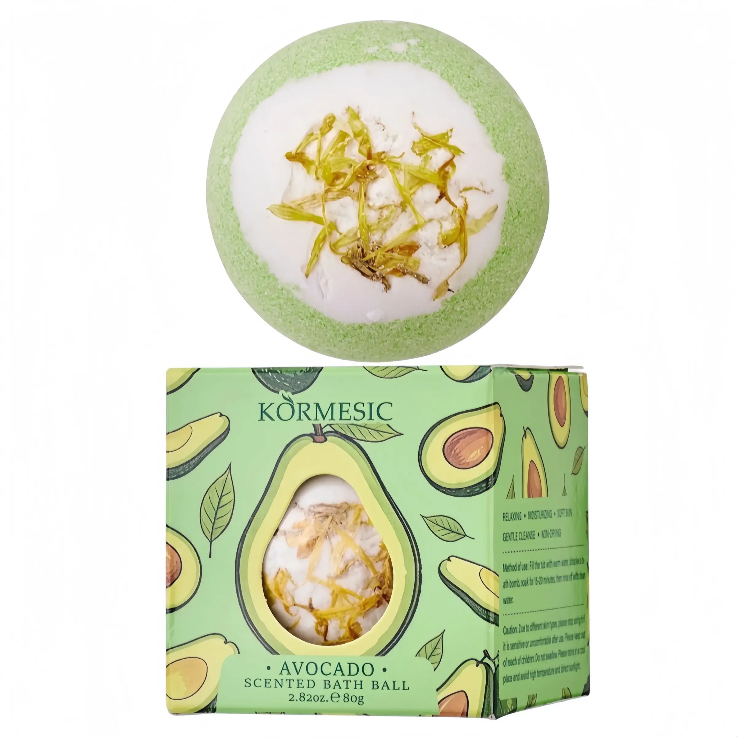 Avocado Bath Bomb with Dried Flowers, Moisturizing Soften Skin Scented Bath Ball, Relaxing Home Spa Bath Fizzy Ball