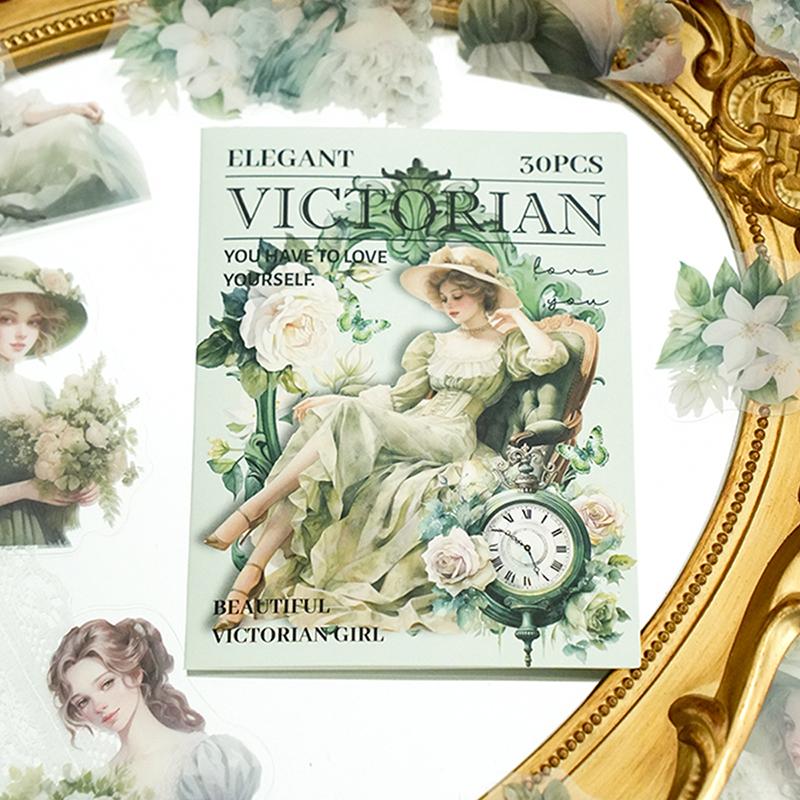 Vintage Girl Pattern Stickers, 30 Sheets/Pack PET Waterproof Self Adhesive Material Sticker, Scrapbook Decorative Stickers