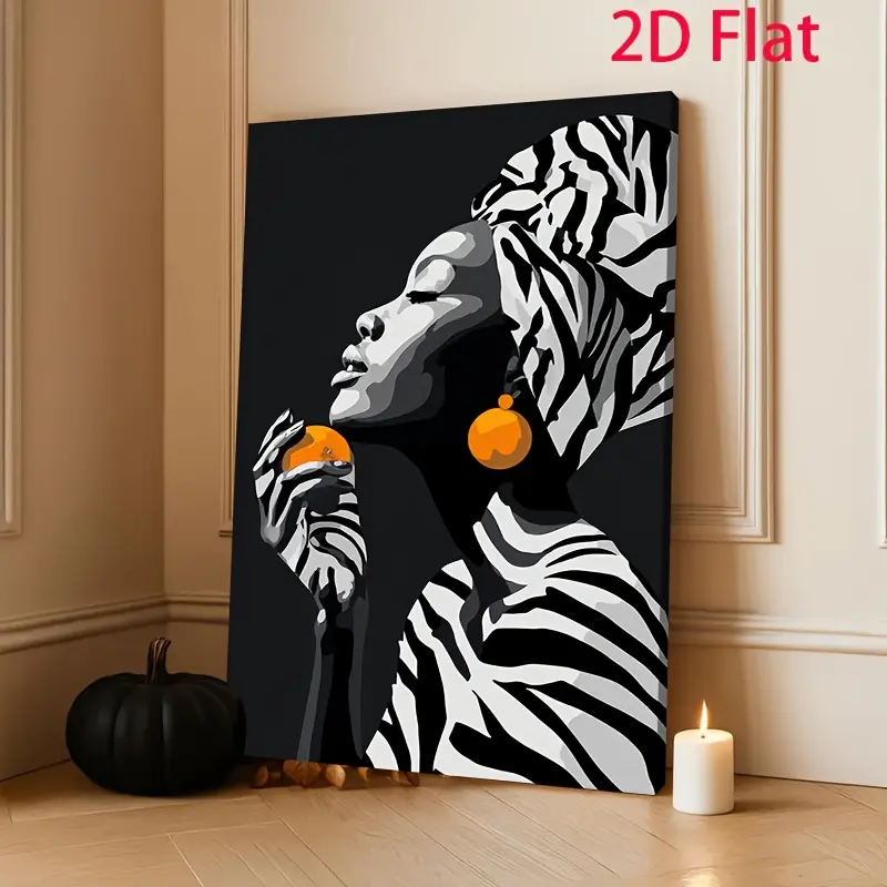 2D Flat, 1Pc African Woman Portrait Canvas Poster, Black and White Zebra Pattern Vintage Wooden Frame Canvas Poster, Suitable for Living Room, Bedroom, Office Decoration, Indoor Use, Canvas Ink Printing, Perfect Christmas Gift