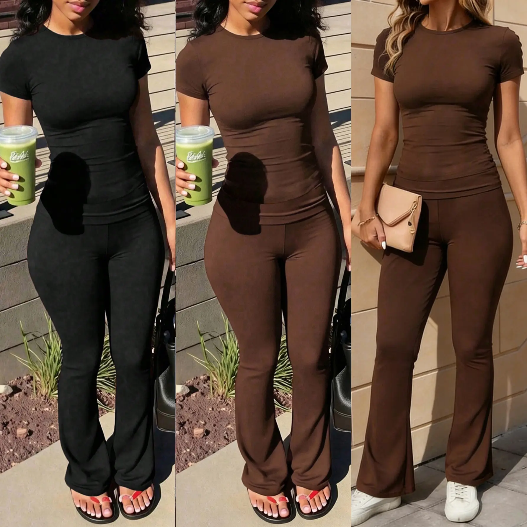 Women Vintage Brown 2 Piece Outfit, Slim Short Sleeve Crop Top & High Waist Skinny Pants Matching Set, Casual Bodycon Tracksuit Streetwear