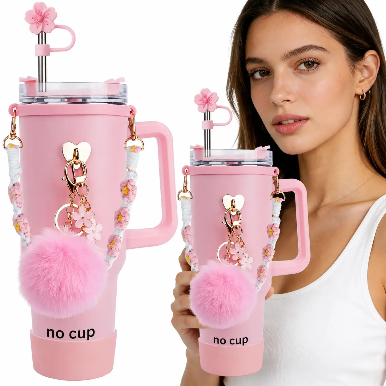 7PCS Cup Accessories Set for Stanley 40oz/30oz Tumbler, Cute Drinkware Accessories with Bow Straw Topper, Silicone Straw Cover, Handle Chain, Silicone Boot & Pom Pom Charm, Gift for Women