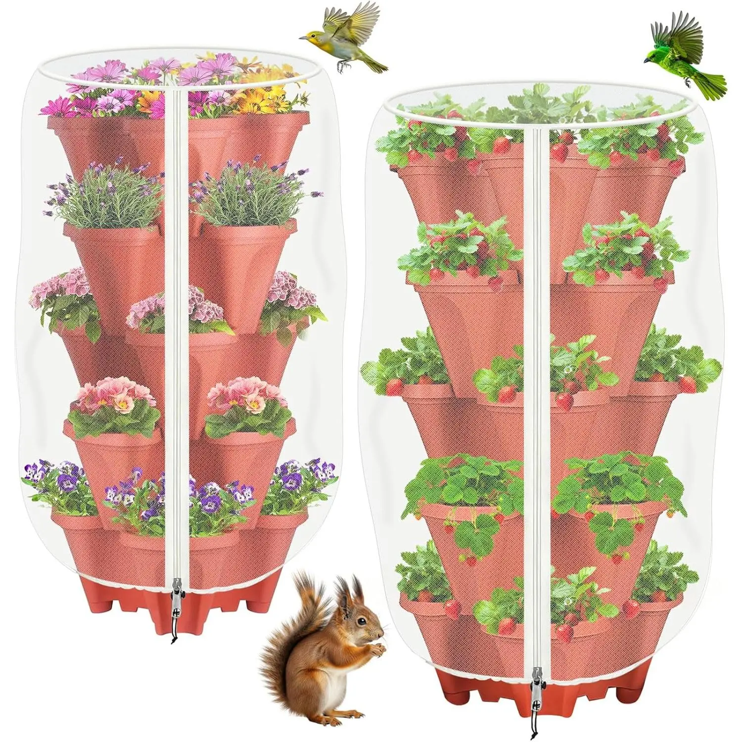 2 Pack Garden Vertical Planter Pot Insect Bird Netting,39.4" x 20" Stackable 5 Tier Strawberry Planter Pot Garden Mesh Plant Cover with Zipper for Outdoor Strawberry Herb Flower Protection