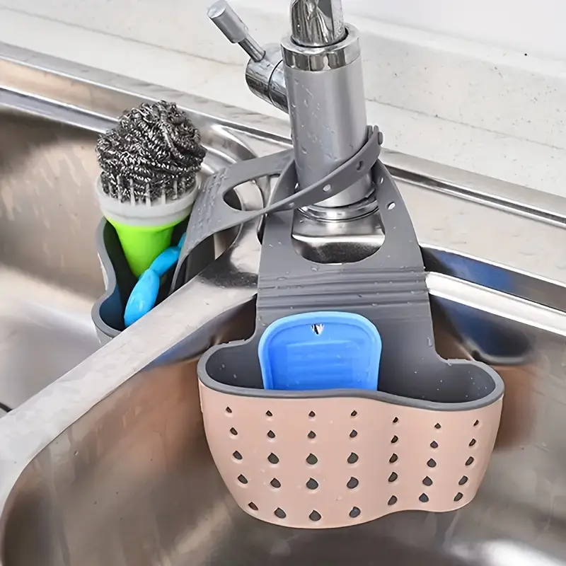 Adjustable Faucet Sponge Holder, Sink Hanging Organizer for Soap, Sponges & Kitchen Accessories, Space-Saving Storage