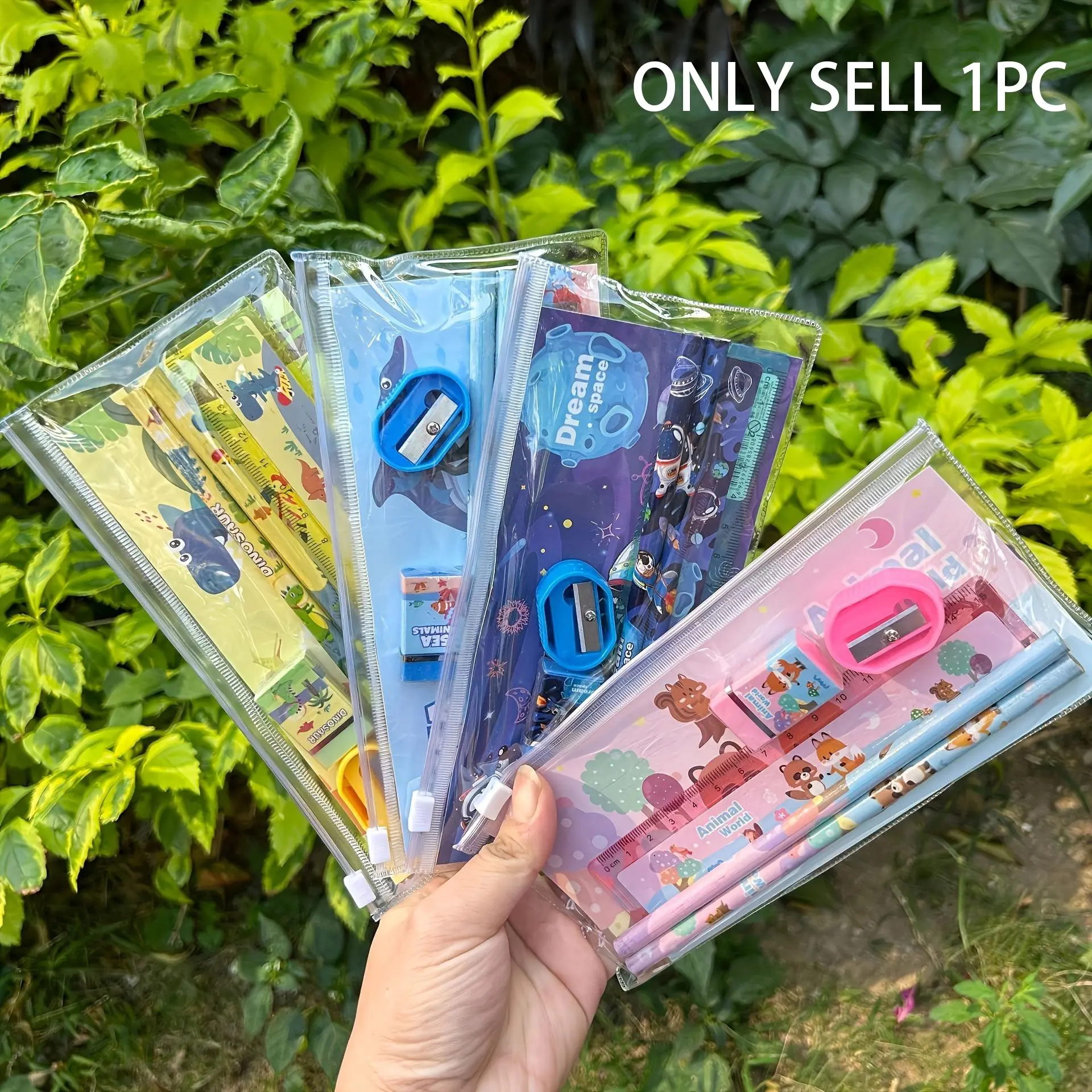 5-piece animal themed stationery set, 2 pencils, 1 eraser, 1 pencil sharpener, 1 ruler, portable gift box, suitable for school and graduation, school supplies, Study Supplies, Student Essentials, joyful design, durable plastic box