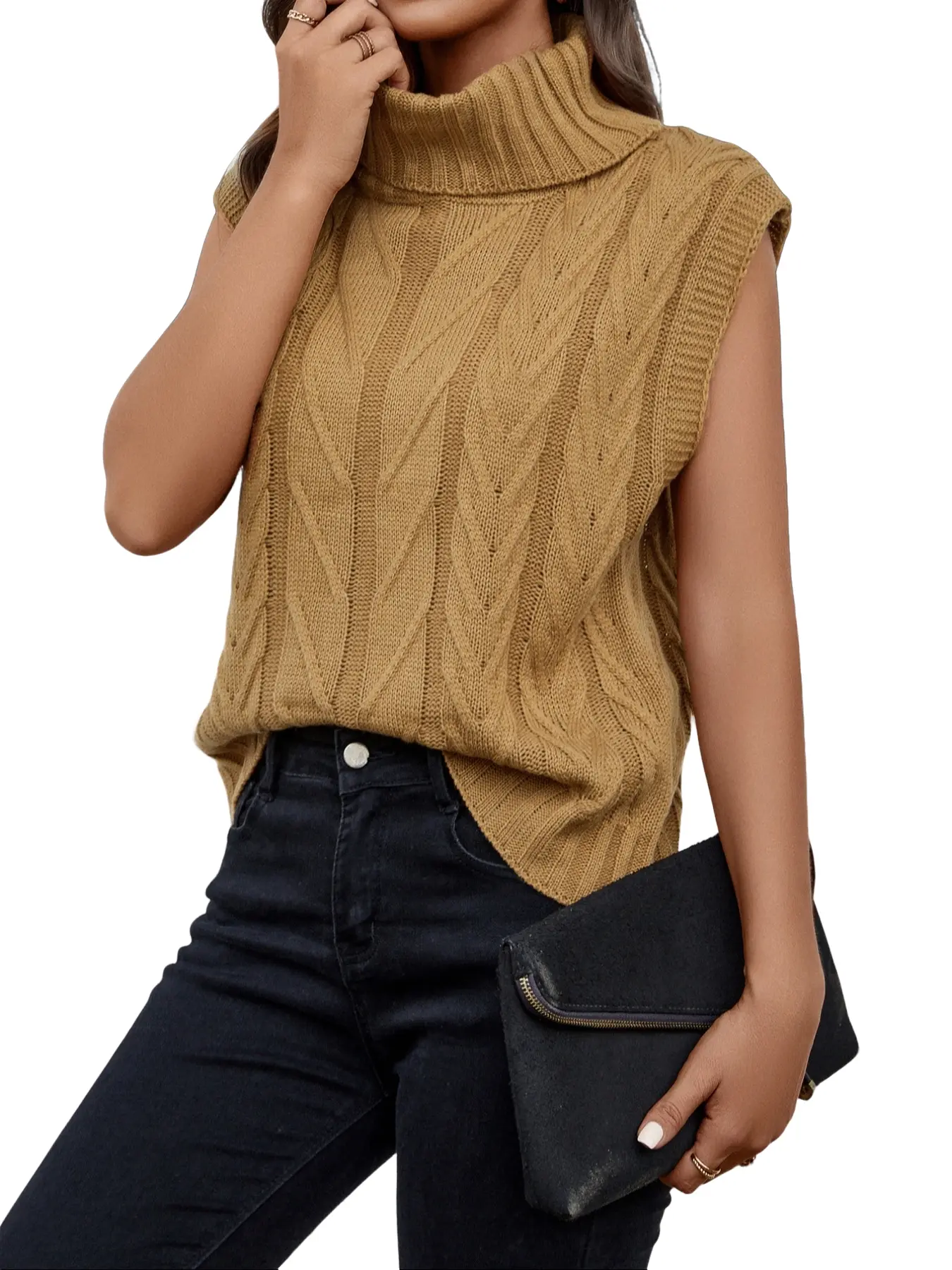 Women's Sleeveless High Neck Knit Sweater, Fashion Retro Loose Pullover Vest, Casual Long Sleeveless Top for Fall & Winter