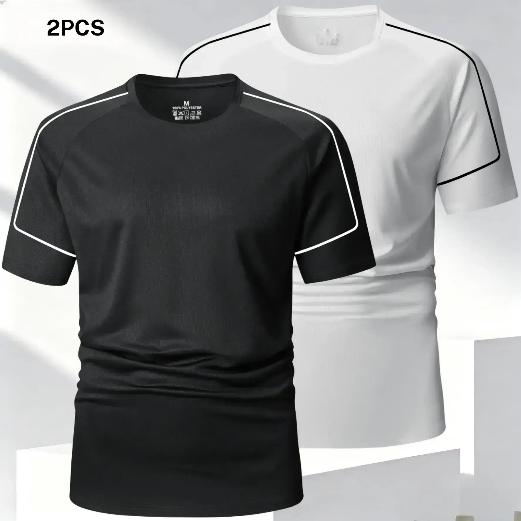 Two piece white trim men's short sleeve, featuring a casual sports style with white trim lines on the shoulders for a sleek look. The short sleeve fit is cool and comfortable, made from breathable and skin friendly fabric that ensures a snug but not tight