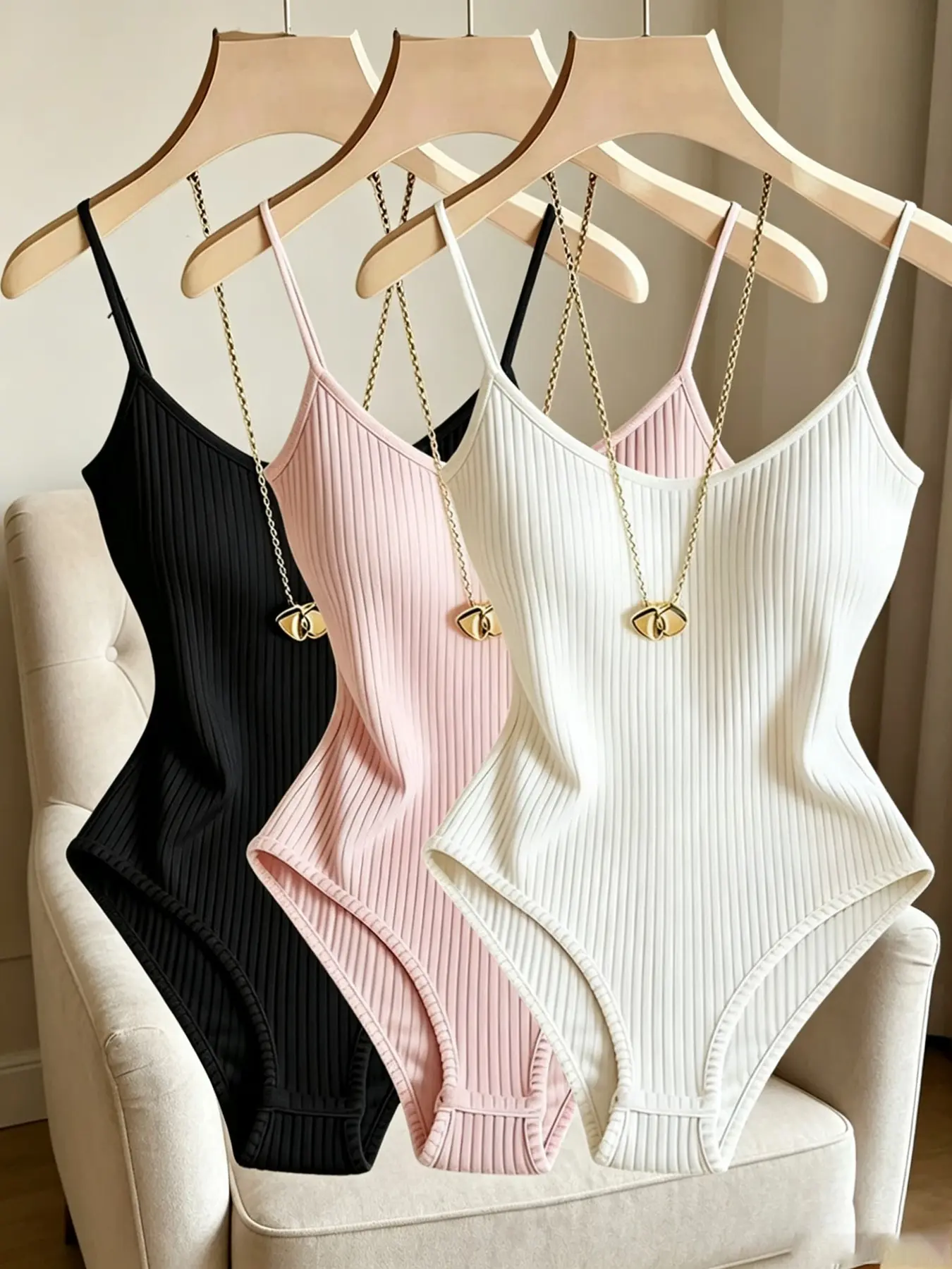 3pcs Women's Ribbed Bodysuit, Fuzzy Bodysuit, Elegant Vacation and Beach Bodysuit, Basic, Comfortable, Stylish and Chic Underwear Set