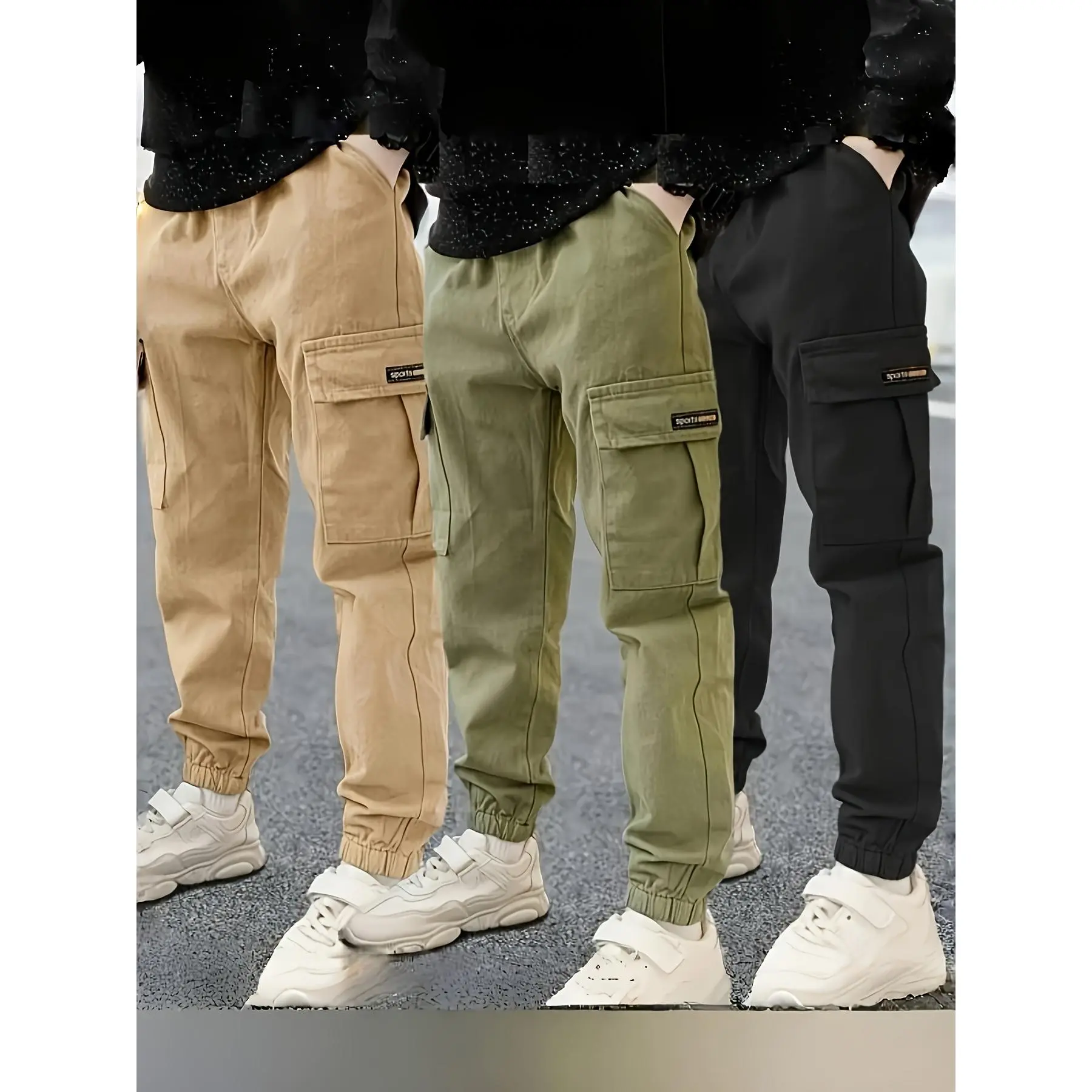 Boys' Polyester Blend Cargo Long Pants 3pcs Set - Streetwear Tactical, Non-Stretch Solid Color, Elastic Waist Loose Fit, Cargo Pockets, All-Season Casual Kids Bottoms for Spring/Autumn Outdoor Wear