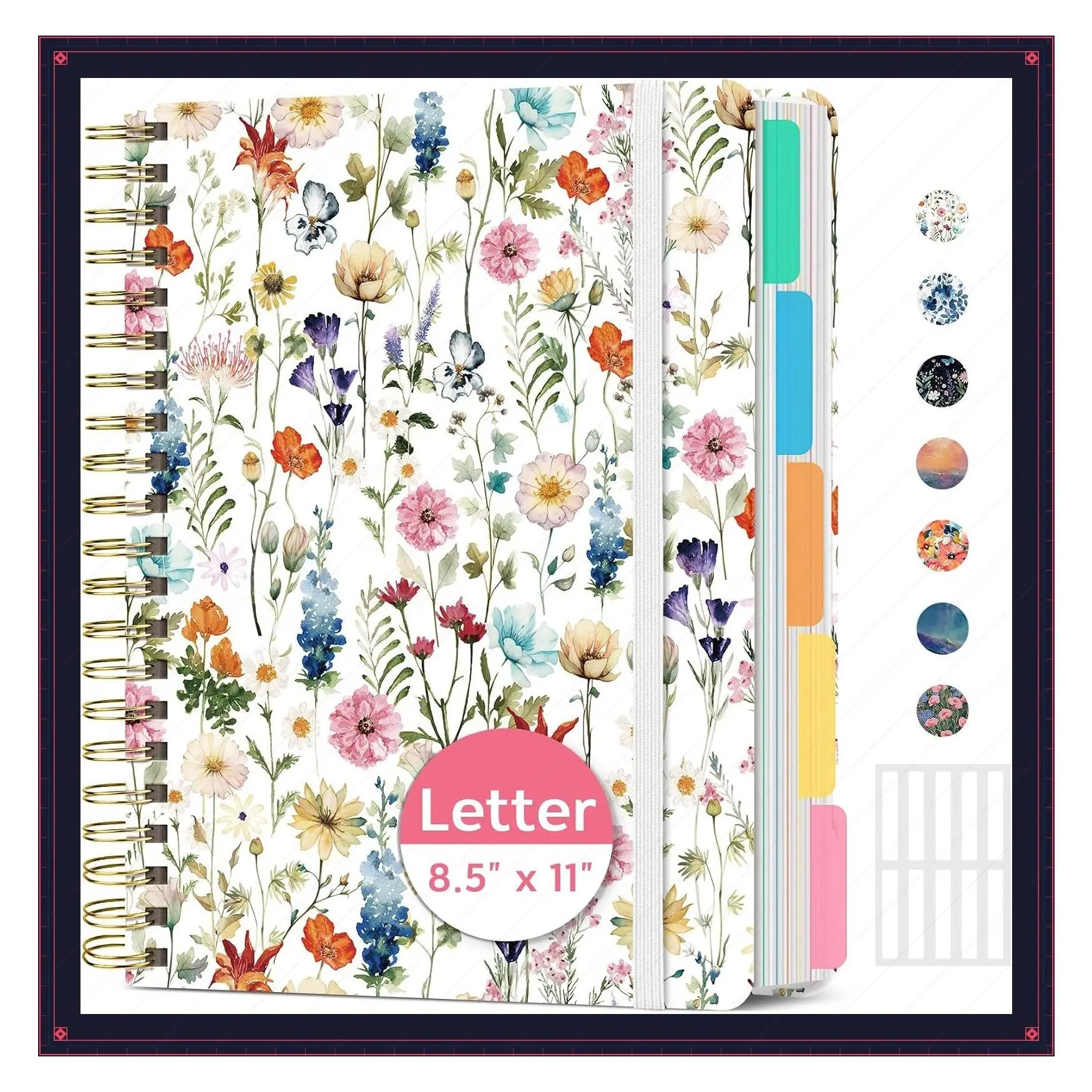 Large 5-Subject Spiral Notebook with Removable Dividers | 8.5" x 11" Hardcover College Ruled Journal for Women, 280 Pages, Wildflowers Design, Perfect for Work, Study & OfficeGift